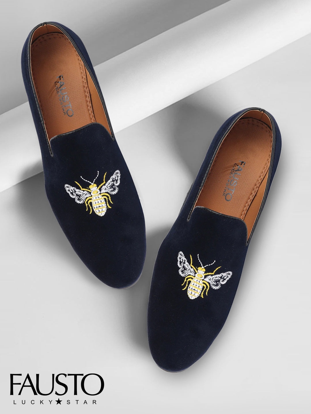 

FAUSTO Men Blue & White Embroidered Velvet Loafers