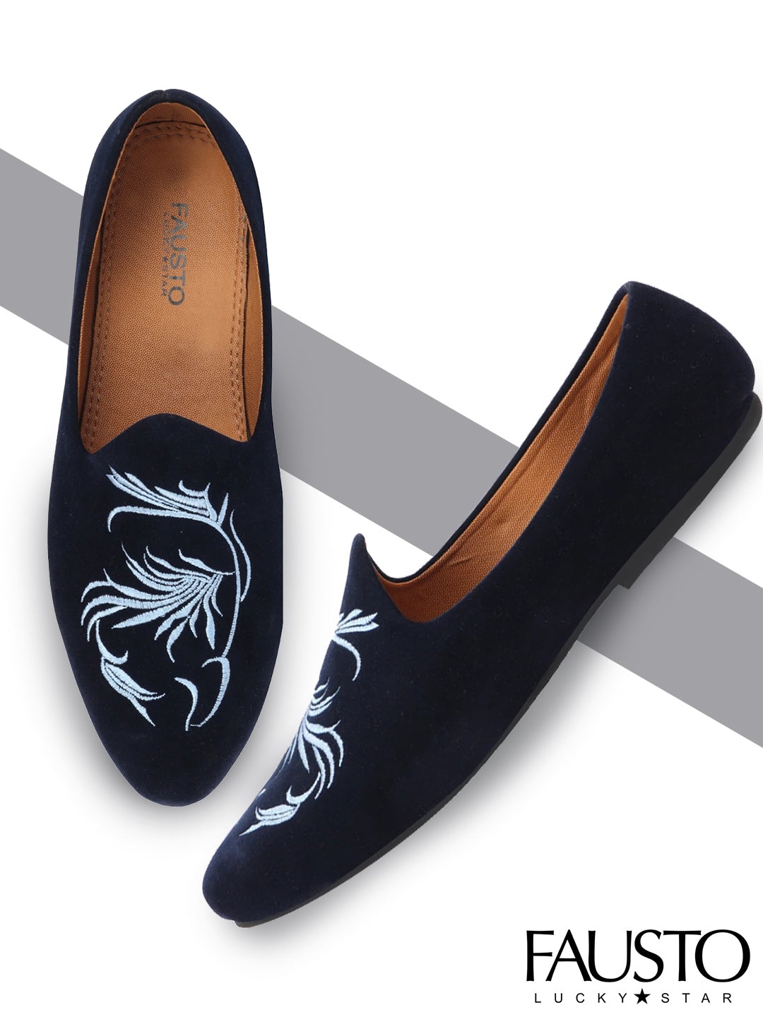 

FAUSTO Men Navy Blue Embroidered Velvet Loafers