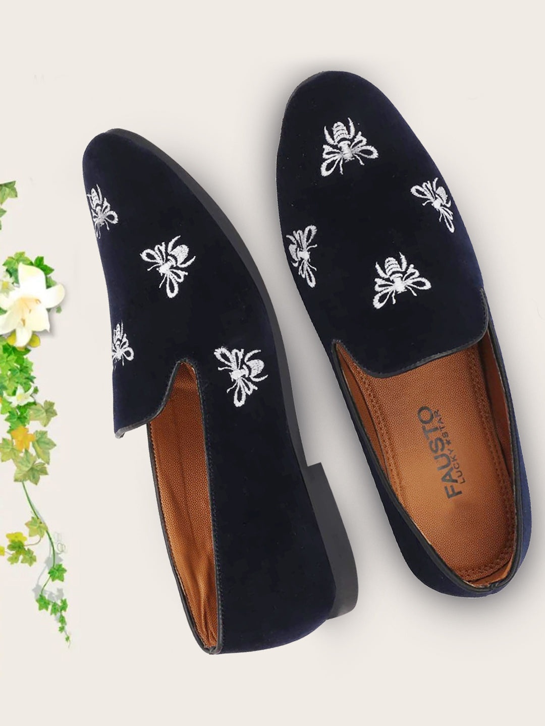

FAUSTO Men Blue Bee Embroidered Velvet Loafers