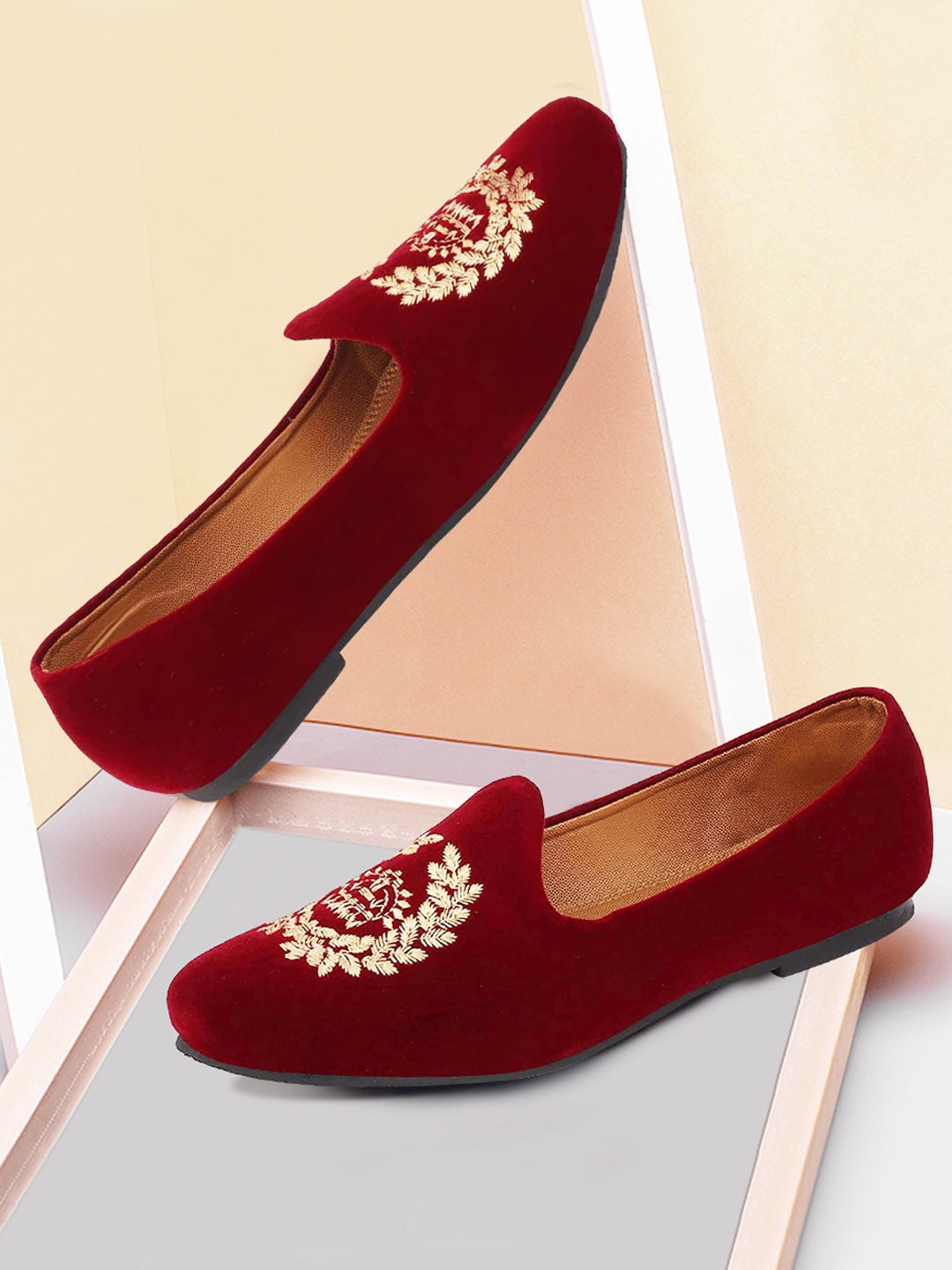 

FAUSTO Men Red & Gold-Toned Embroidered Velvet Loafers