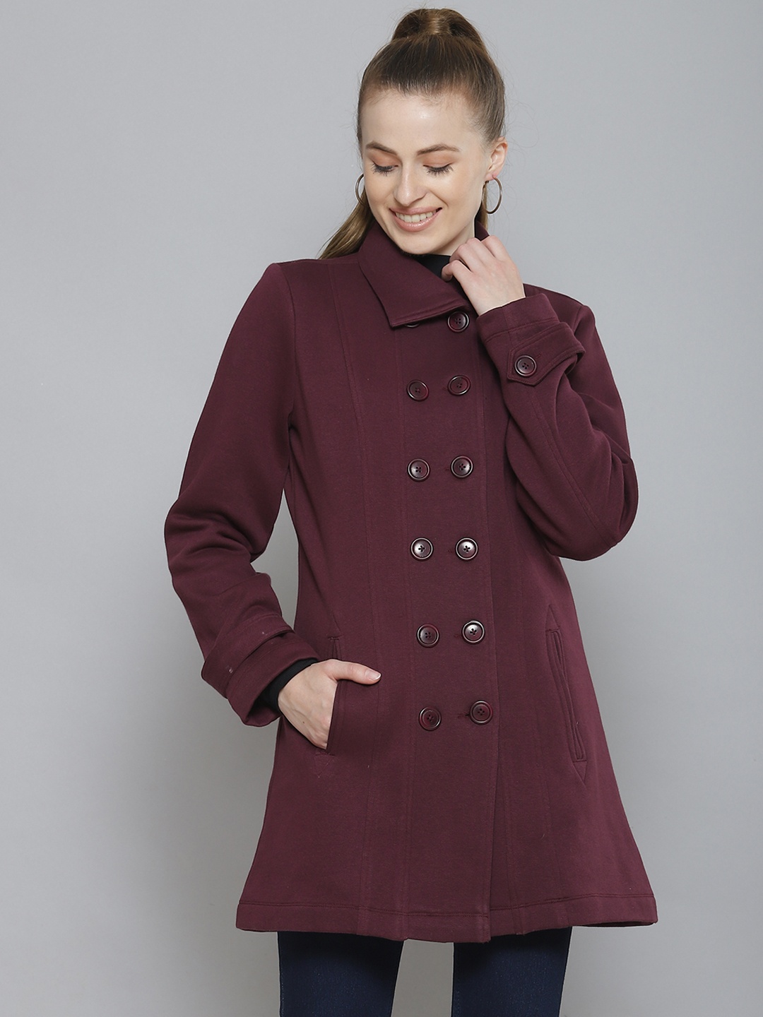 

Femella Women Burgundy Fleece Longline Double Breasted Jacket