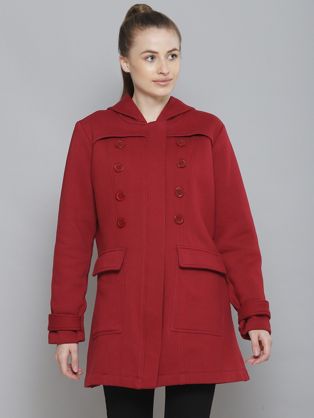 

Femella Women Red Fleece Hooded Longline Jacket