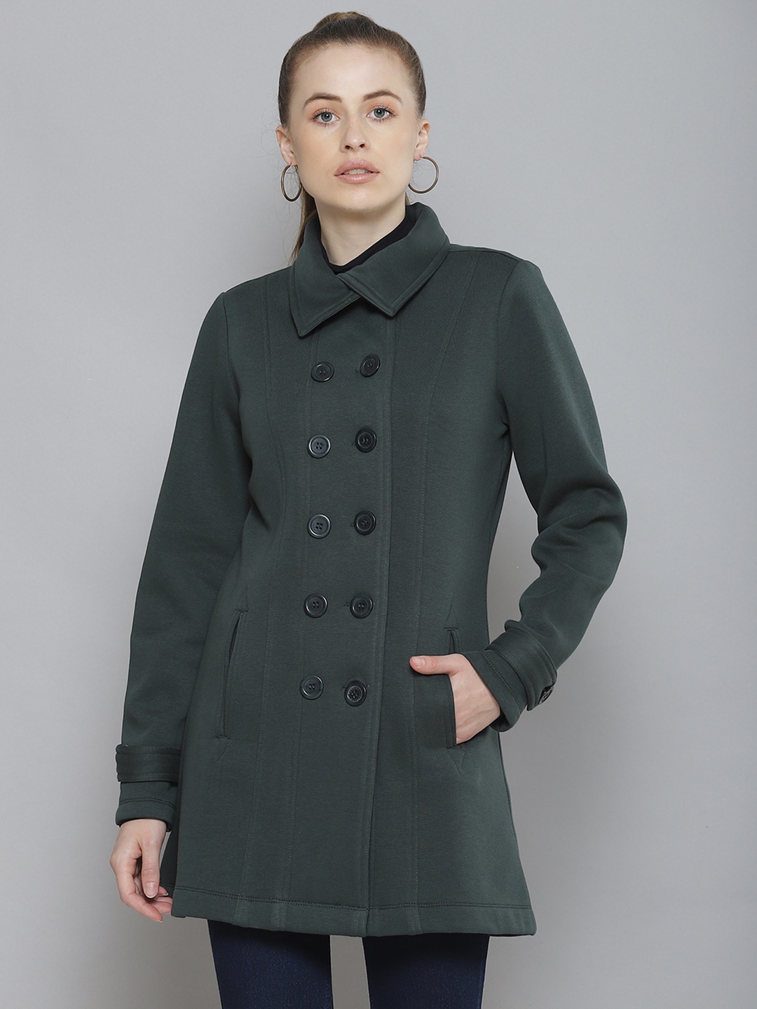 

Femella Women Green Fleece Longline Double Breasted Jacket