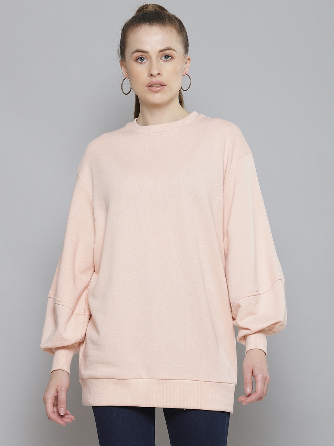 

Femella Women Pink Fleece Oversized Longline Sweatshirt