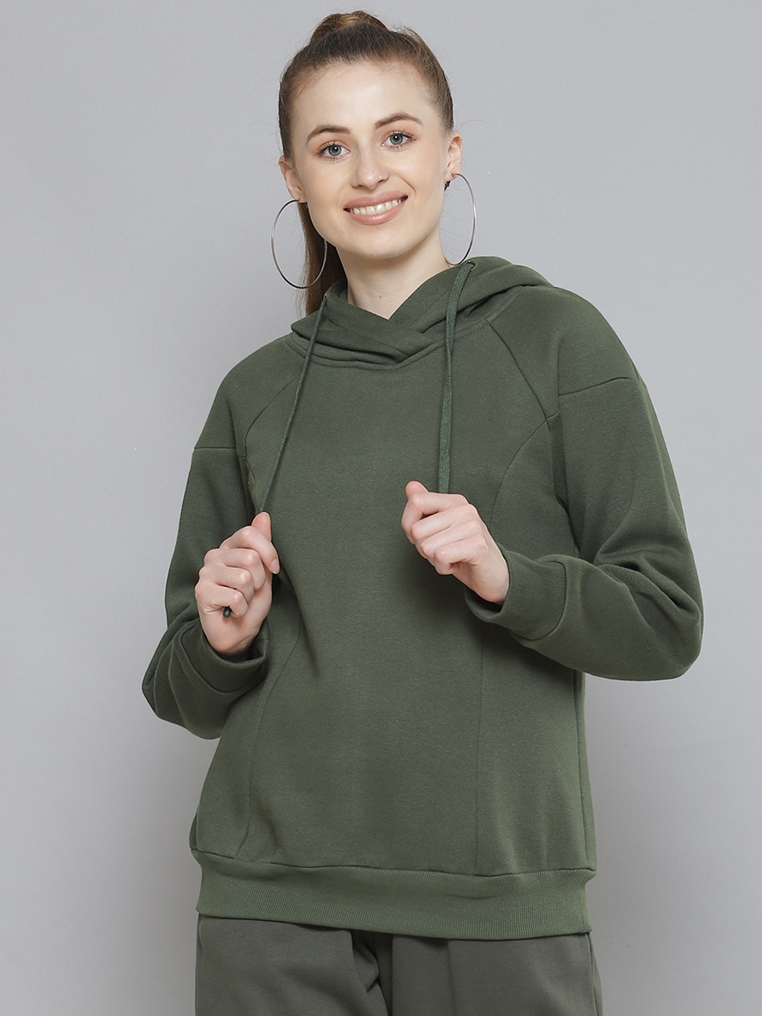 

Femella Women Olive Green Fleece Hooded Sweatshirt