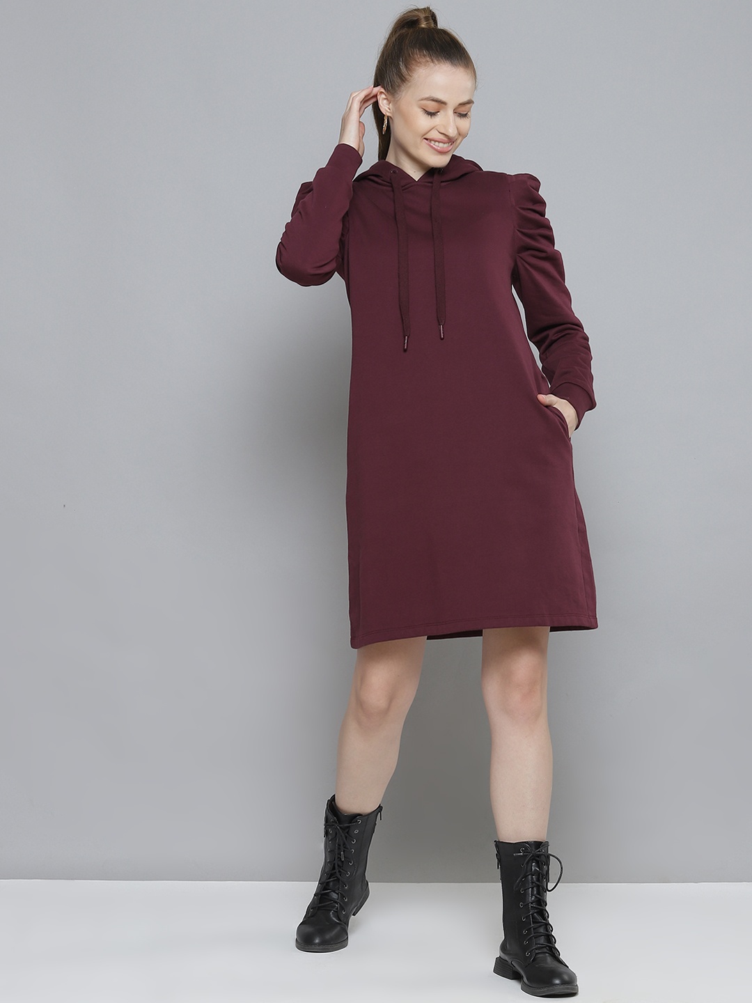 

FEMMELLA Maroon Hooded Sweatshirt Style Jumper Dress