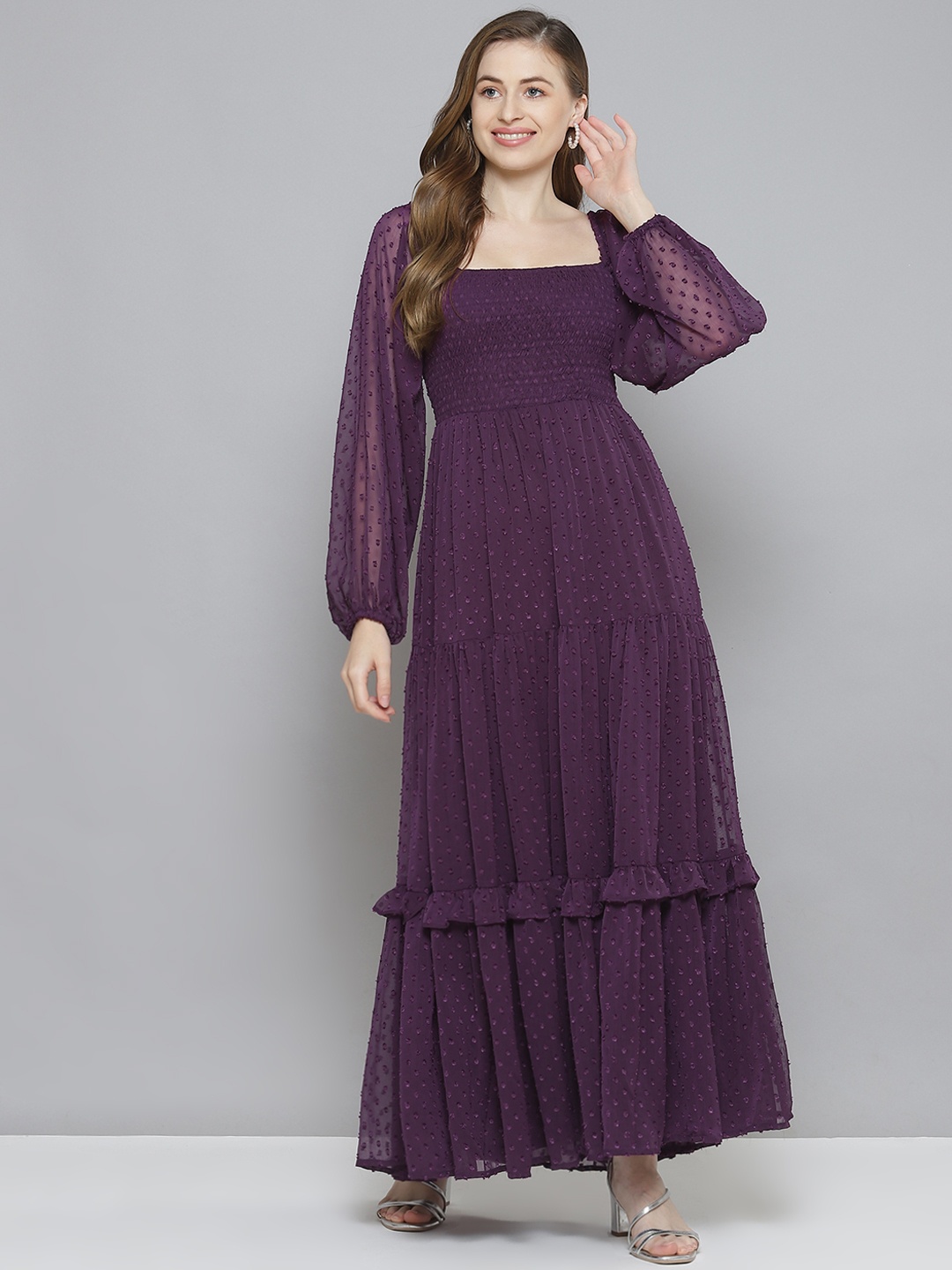 

Femella Purple Self-Design Dobby Smocked Maxi Dress