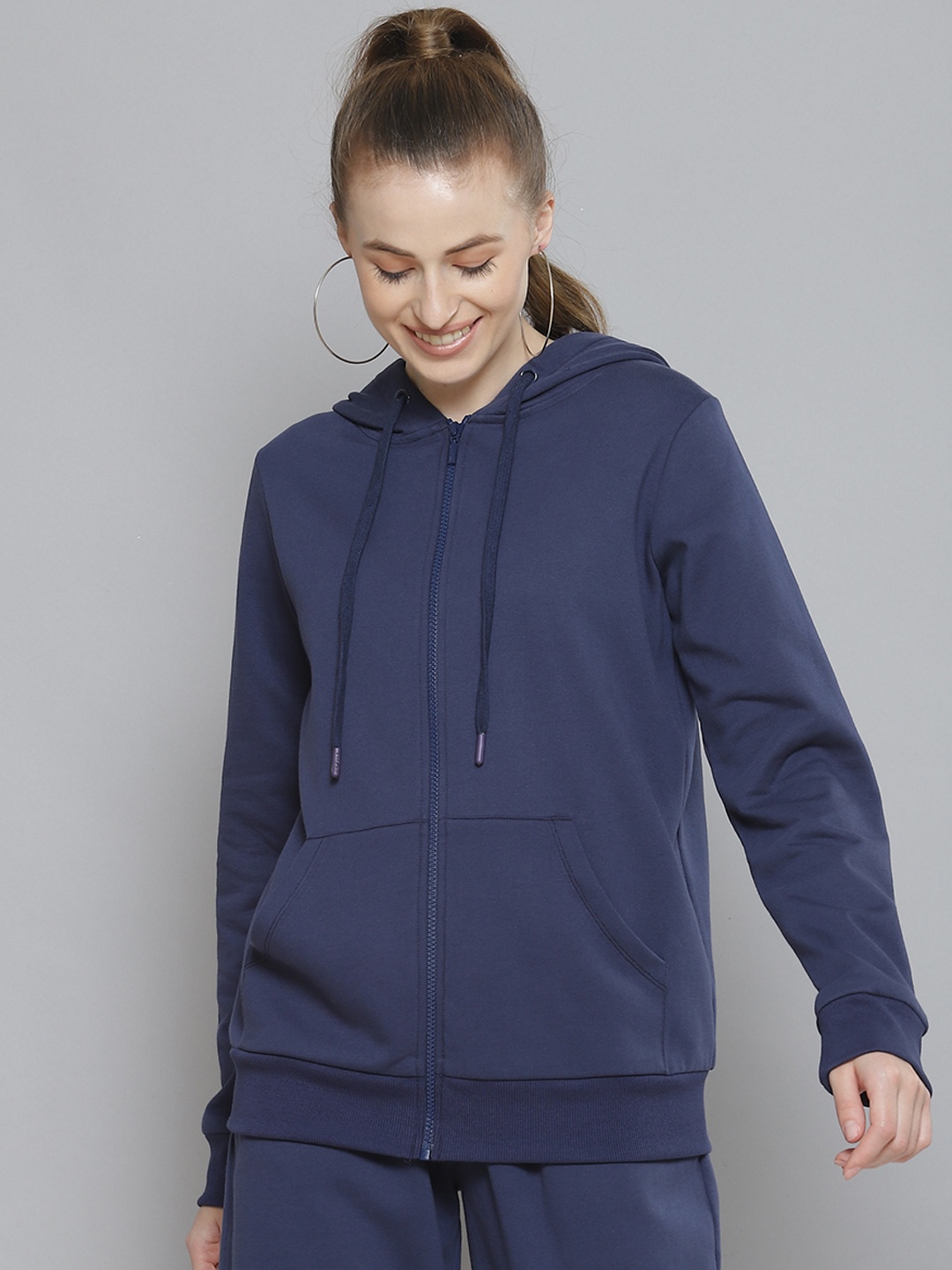 

Femella Women Navy Blue Fleece Hooded Sweatshirt