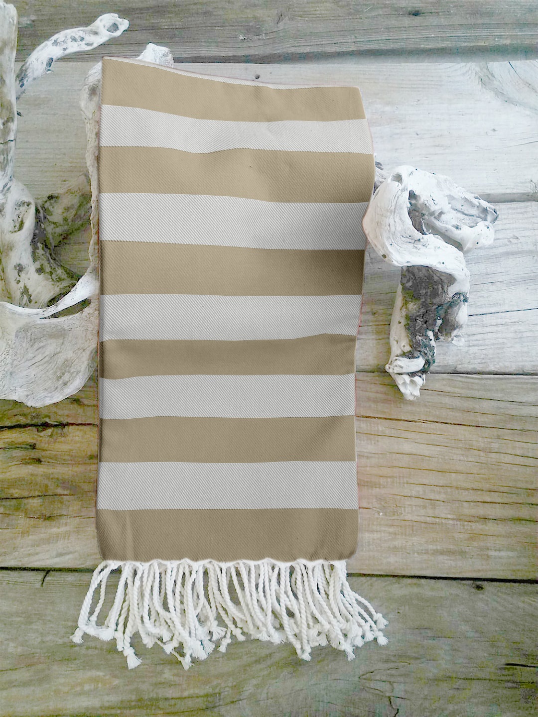 

Lushomes Off White & Beige Cotton Striped Hammam Biscuit Fouta Towel with Fringes