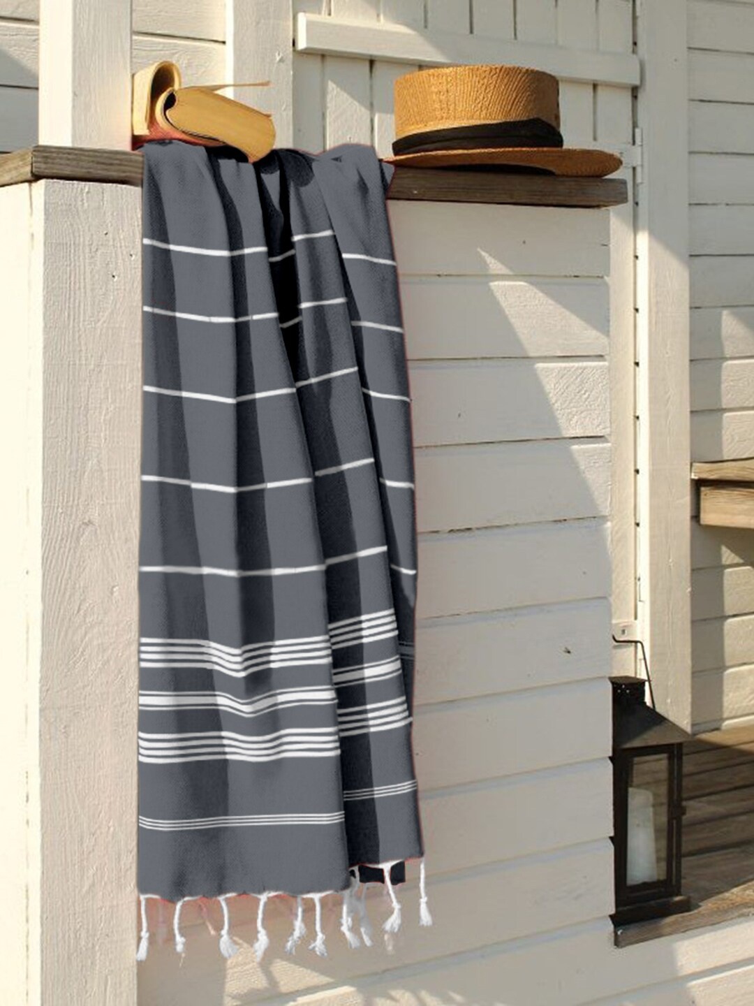 

Lushomes Navy Blue & Off White Striped Cotton Fouta Towel with Fringes