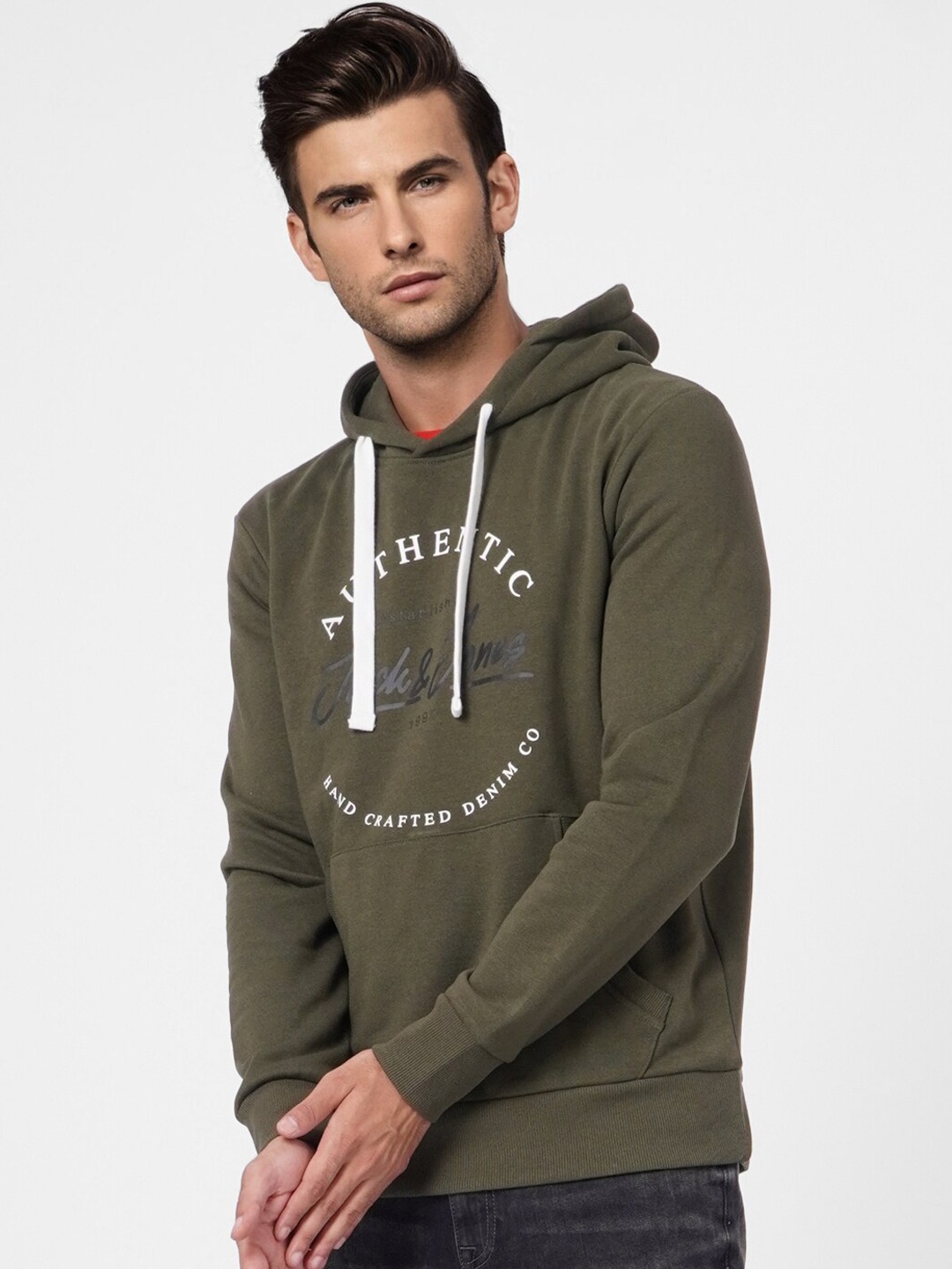 

Jack & Jones Men Olive Green Hooded Sweatshirt