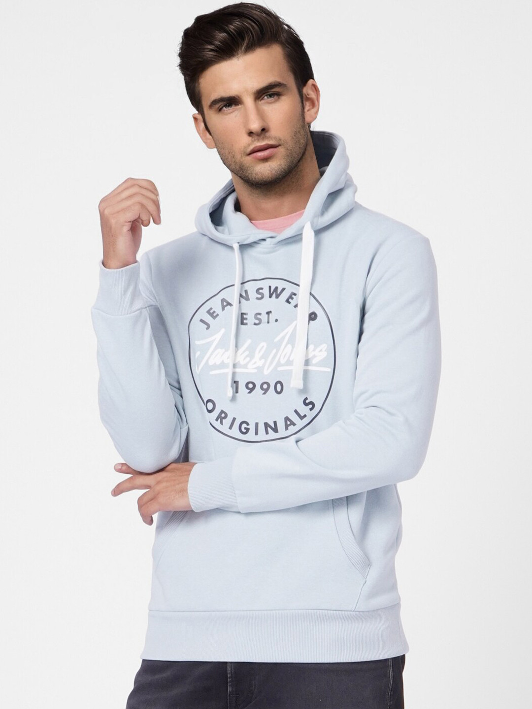 

Jack & Jones Men Blue Printed Hooded Sweatshirt
