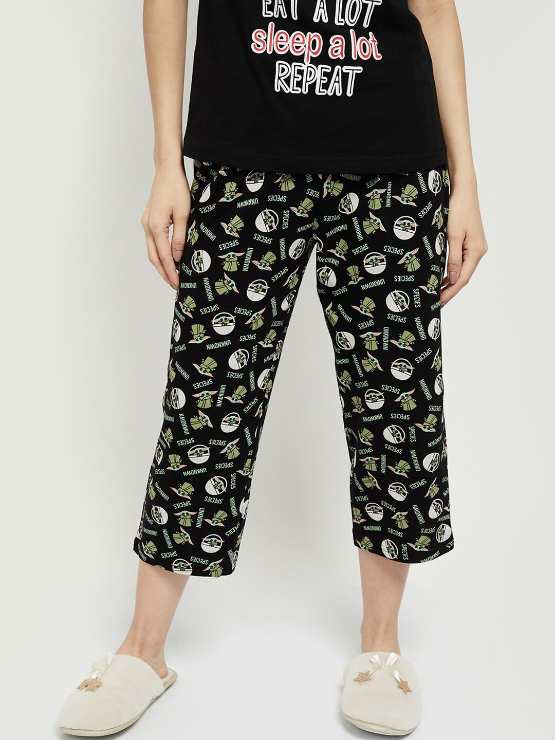 

max Women Black & Green Printed Pure Cotton Lounge Pants