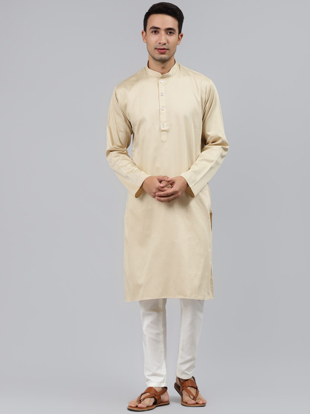 

MANQ Men Beige Thread Work Pathani Kurta