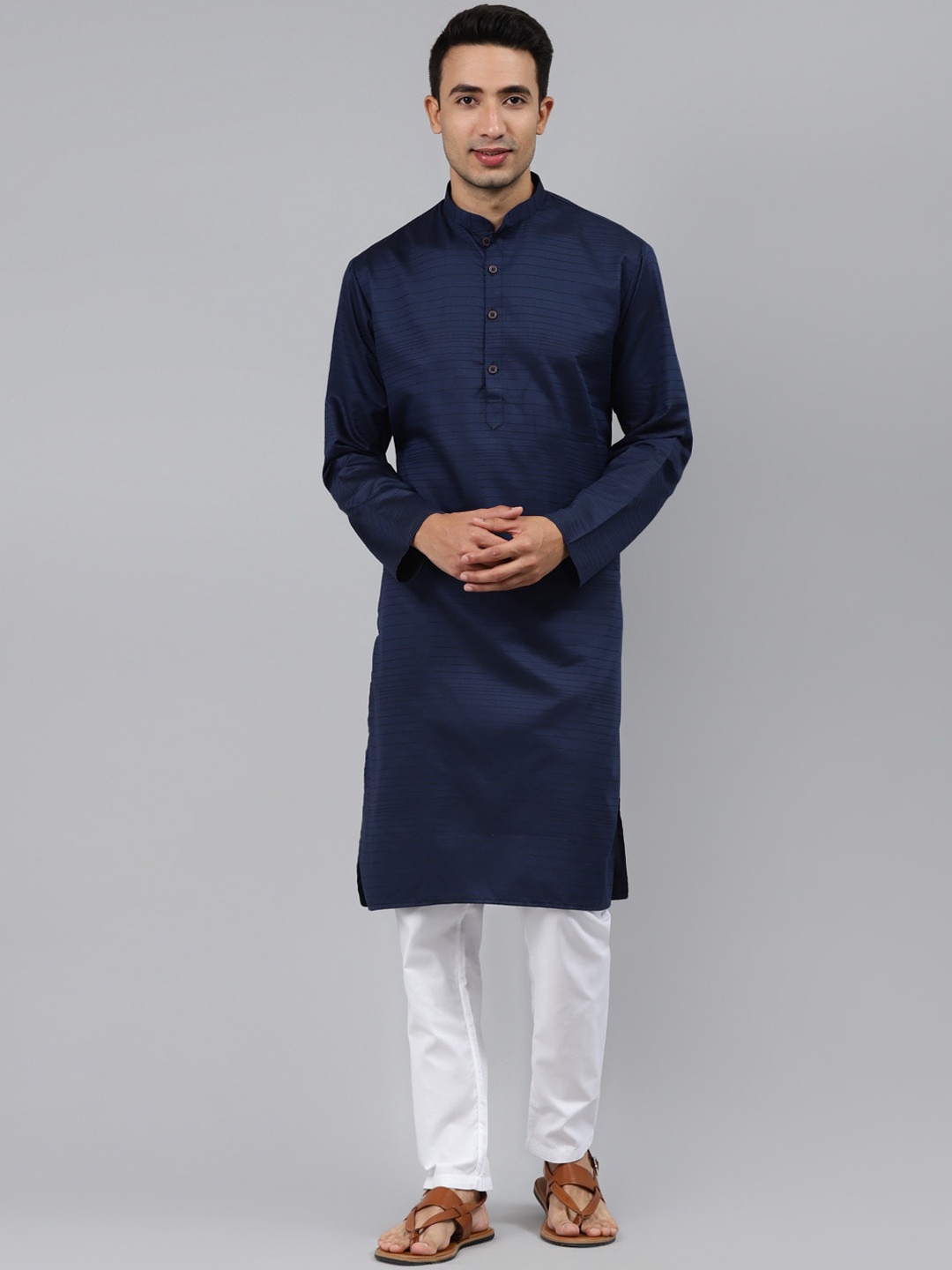 

MANQ Men Navy Blue Striped Thread Work Kurta