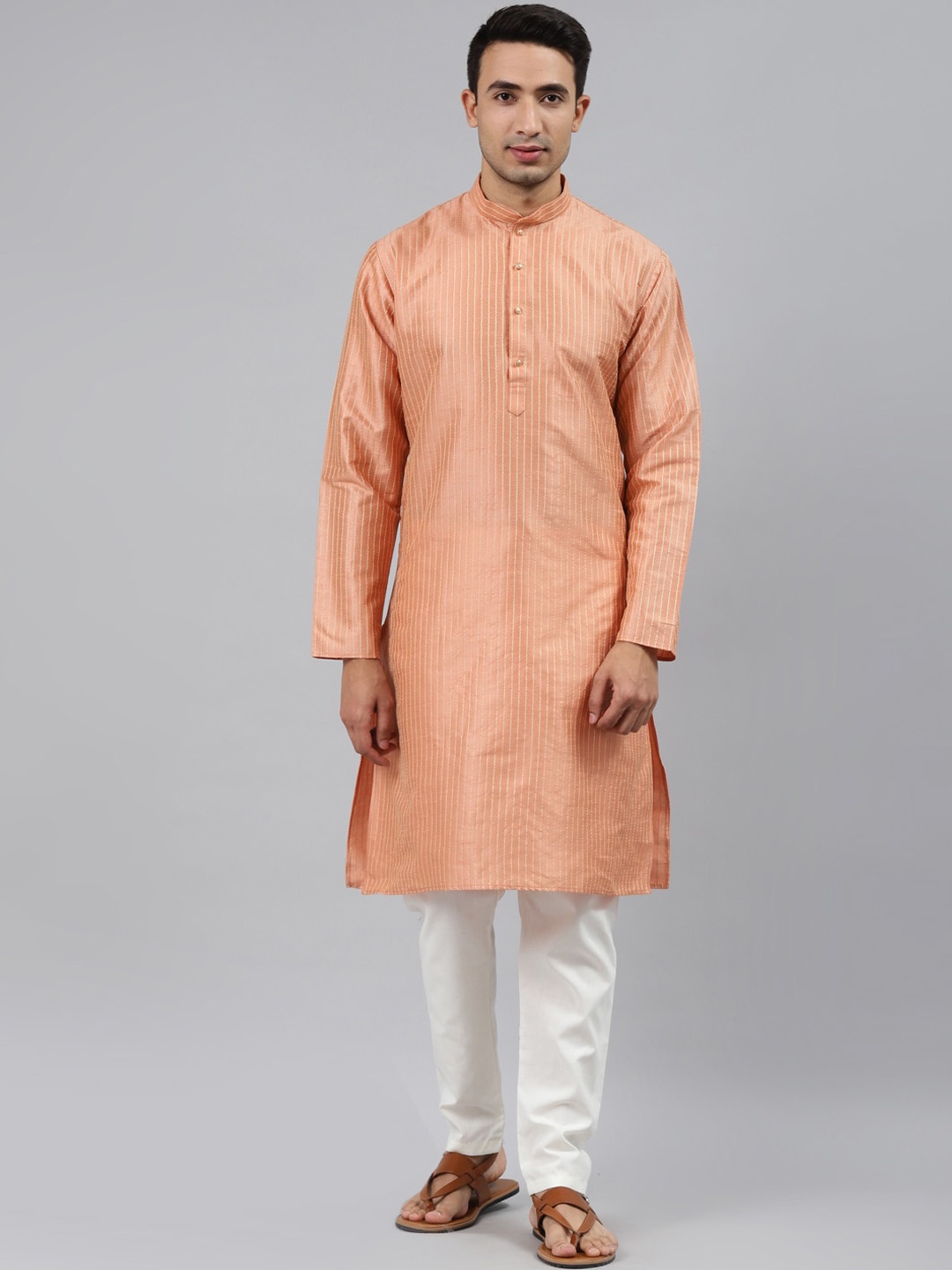 

MANQ Men Peach-Coloured Thread Work Kurta