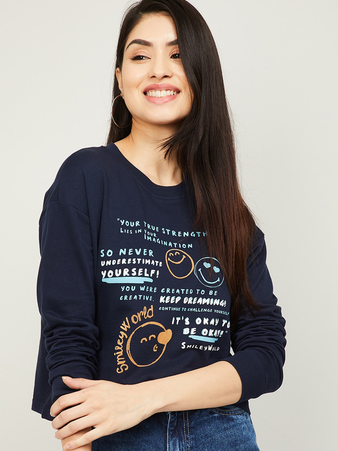 

SmileyWorld Women Navy Blue & White Typography Printed Cotton Sweatshirt