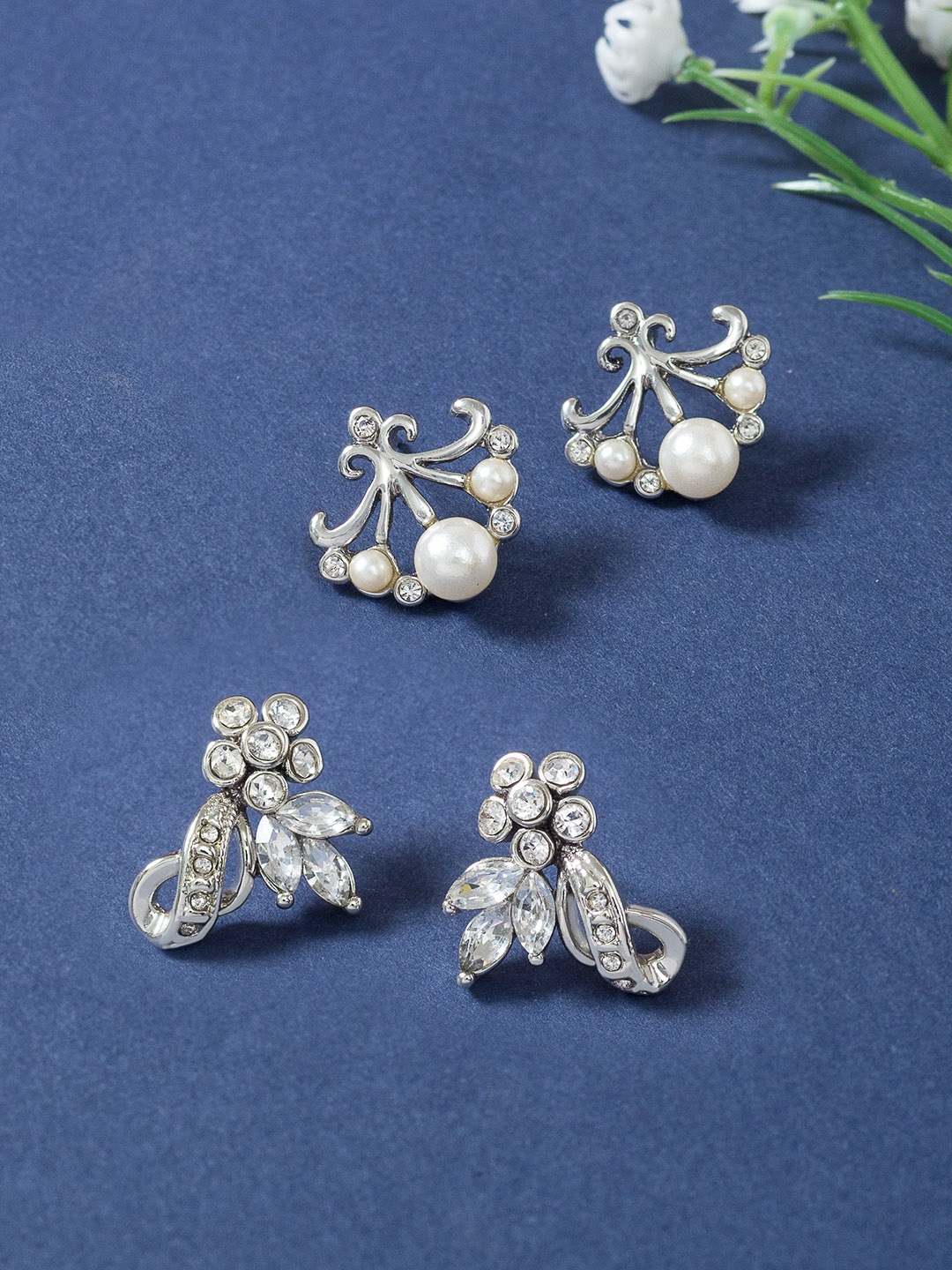 

Golden Peacock Set of 2 Silver-Toned Geometric Studs Earrings
