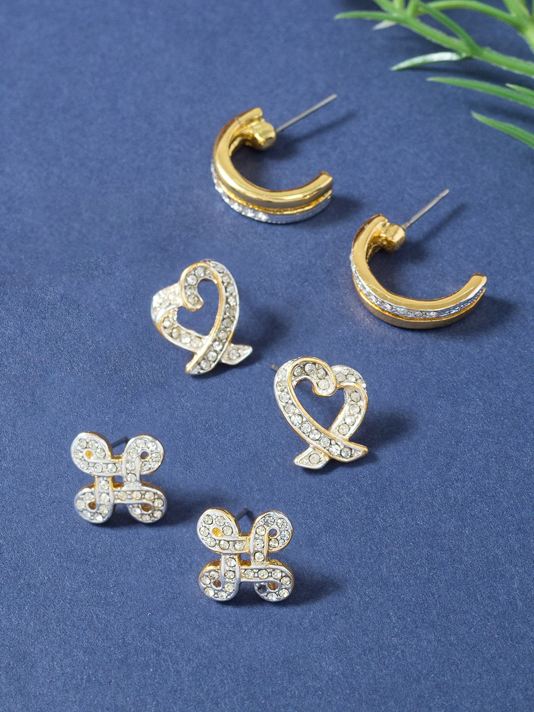 

Golden Peacock Set of 3 Gold-Toned Geometric Studs Earrings