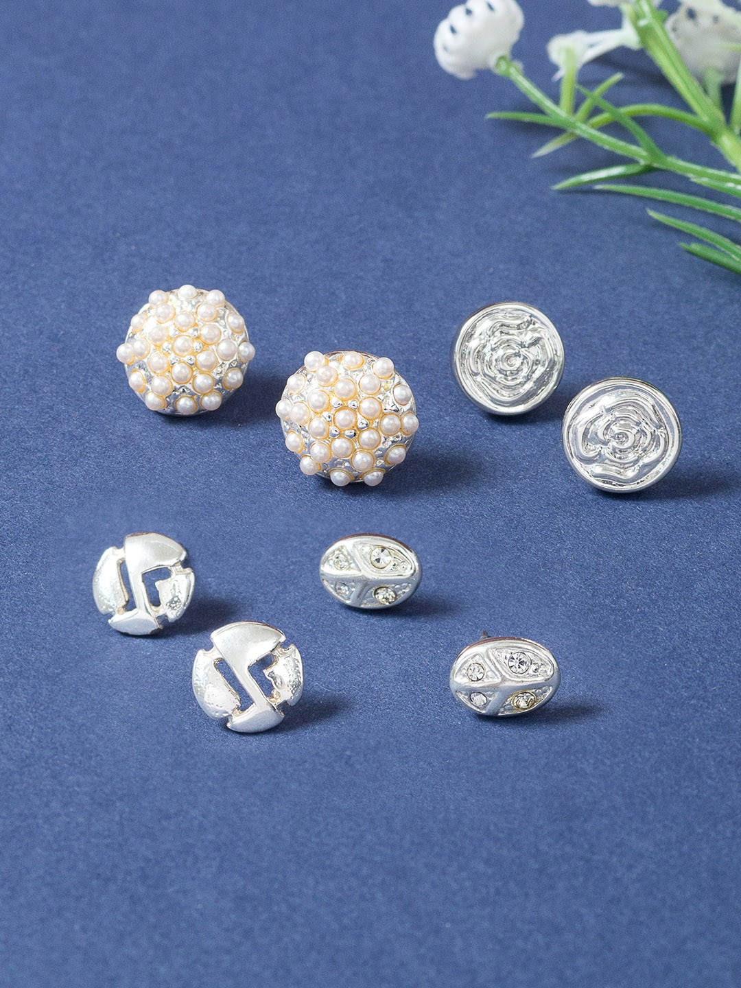 Golden Peacock Set of 4 Silver-Toned Circular Studs Earrings