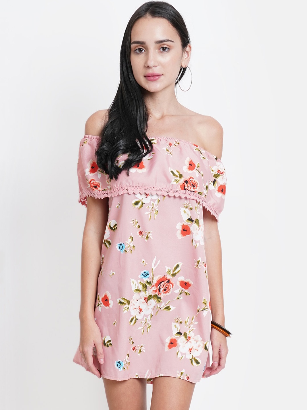 

WESTCLO Peach-Coloured Floral Off-Shoulder A-Line Mini Dress