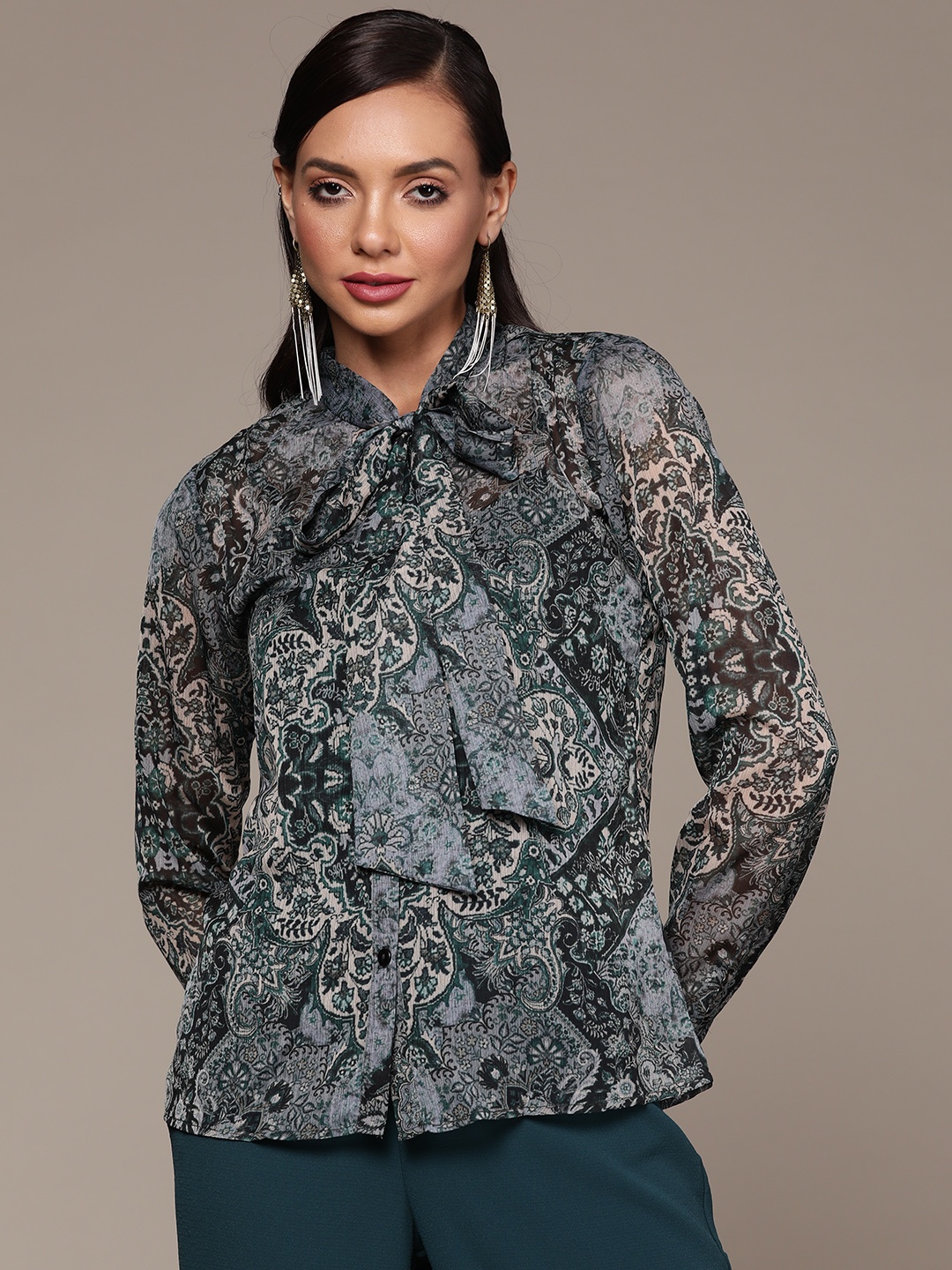 

aarke Ritu Kumar Women Green & Teal Blue Floral Print Casual Shirt
