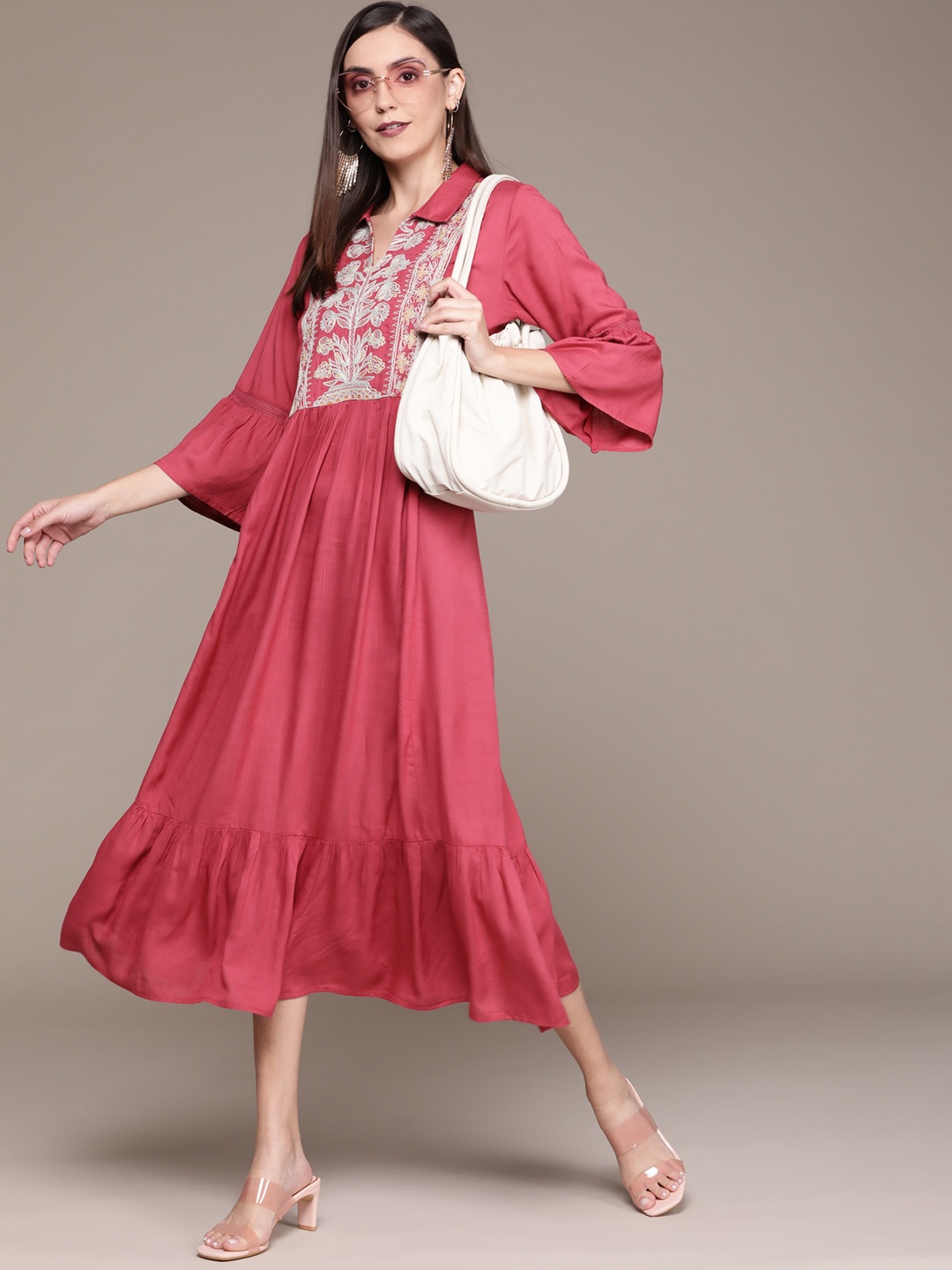 

aarke Ritu Kumar Women Pink & White Ethnic Motifs Embroidered Shirt Midi Dress