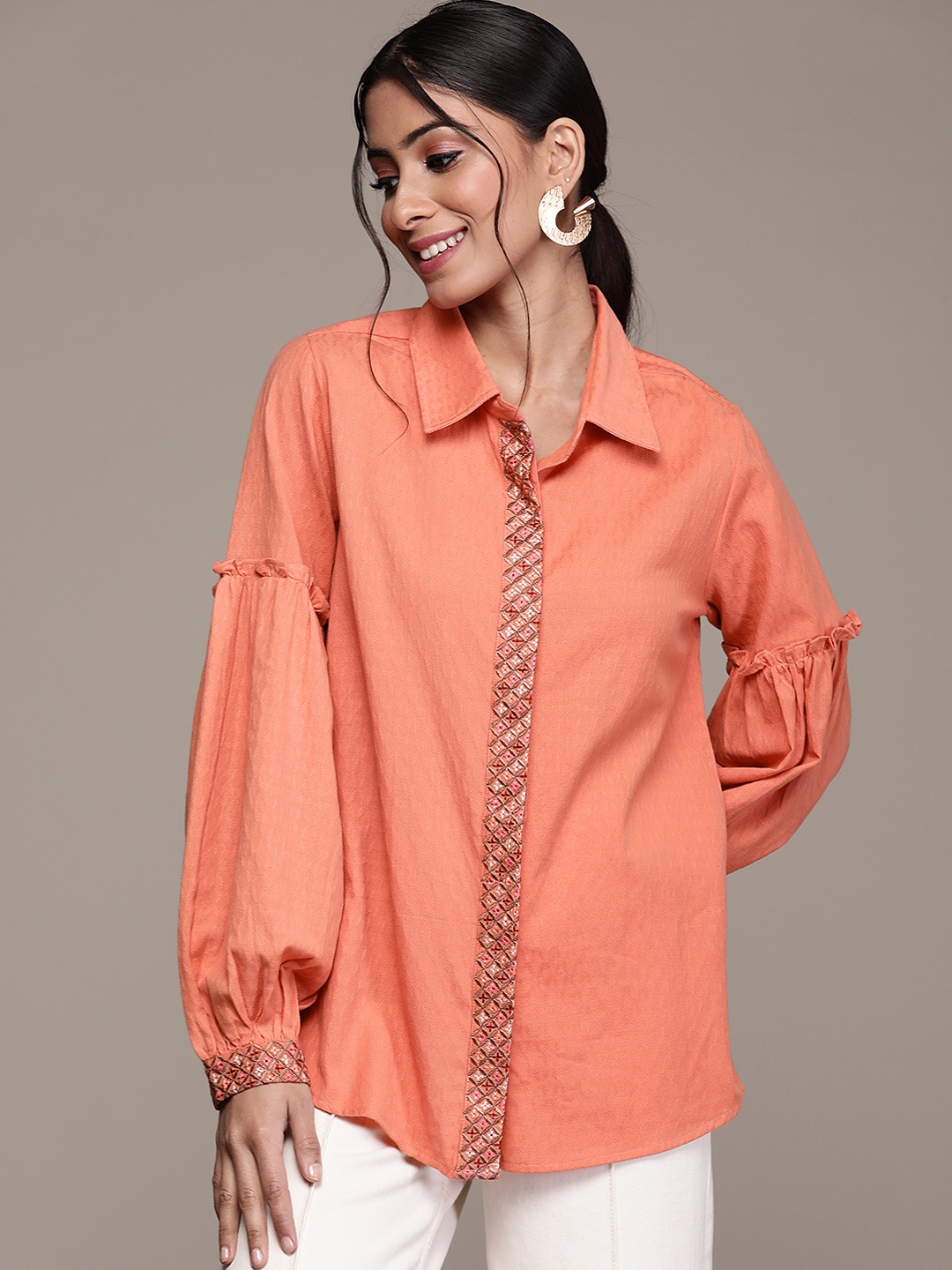 

aarke Ritu Kumar Women Peach-Coloured Jacquard Woven Design Ruffled Longline Shirt