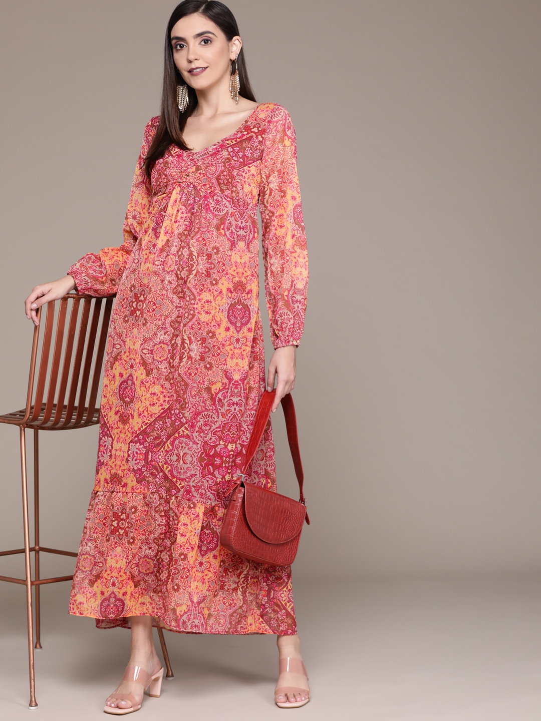 

aarke Ritu Kumar Women Orange & Red Abstract Printed Maxi Dress