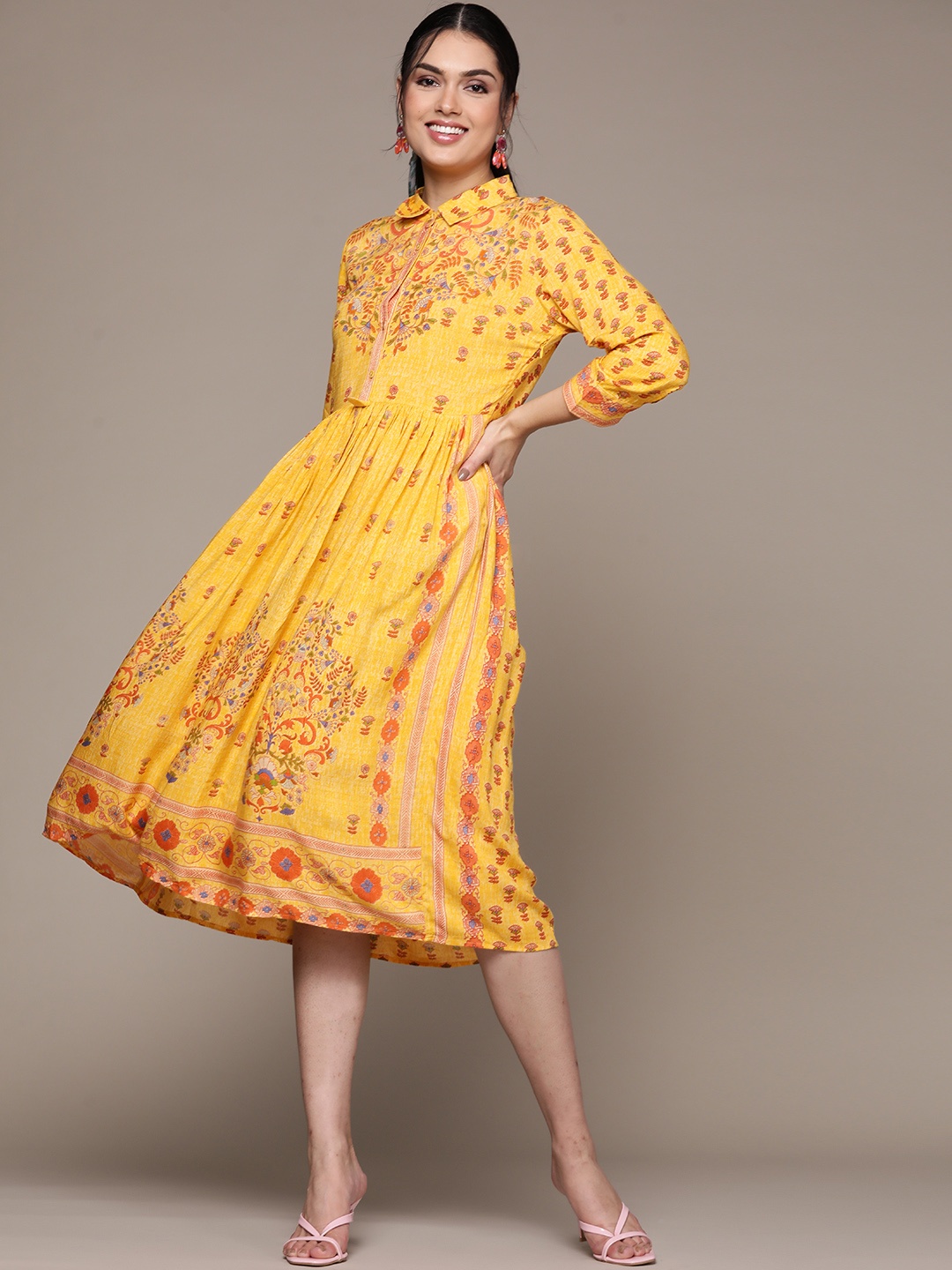 

aarke Ritu Kumar Yellow Printed Long Shirt Dress