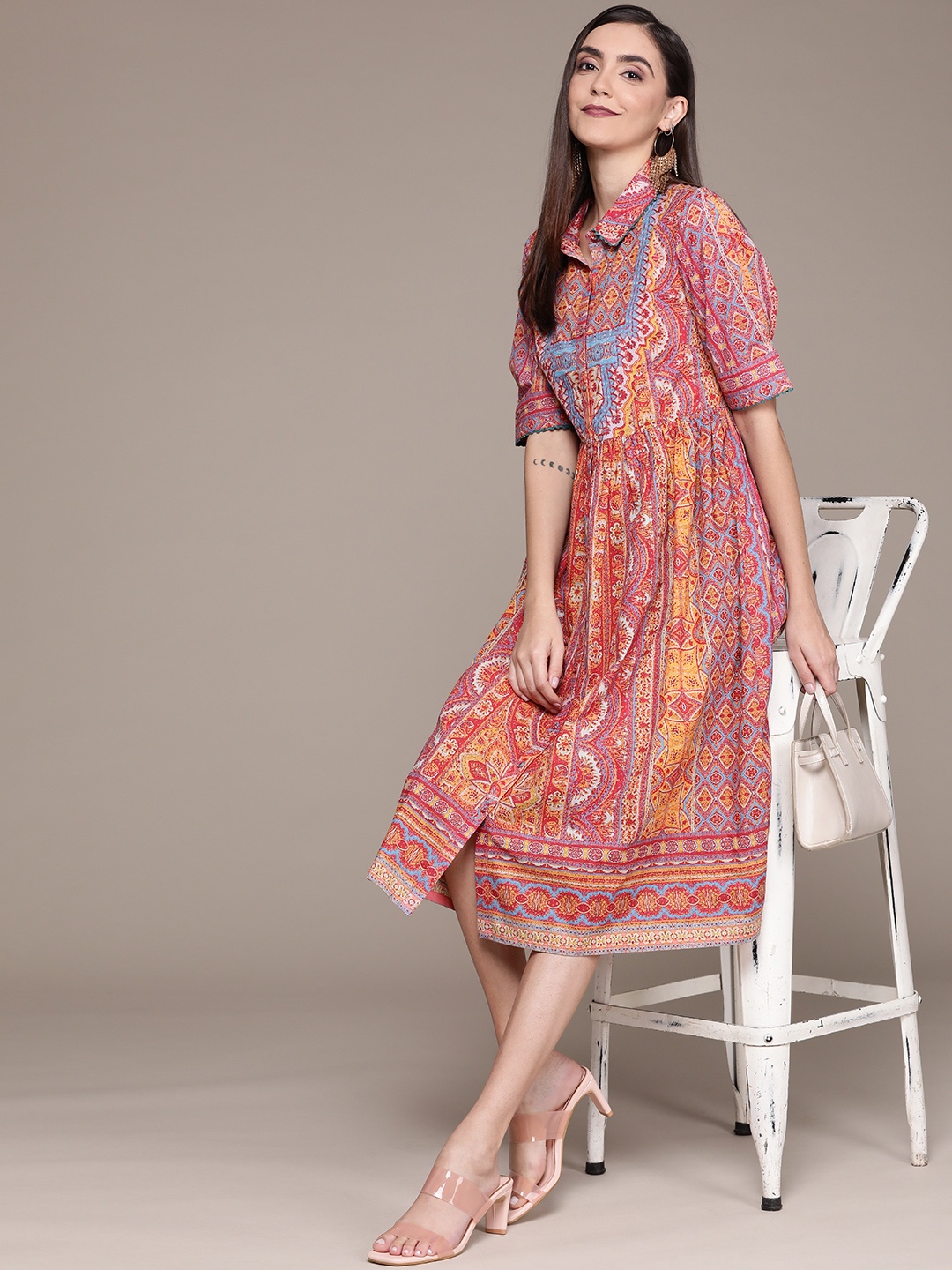 

aarke Ritu Kumar Women Pink & Blue Abstract Printed Shirt Midi Dress