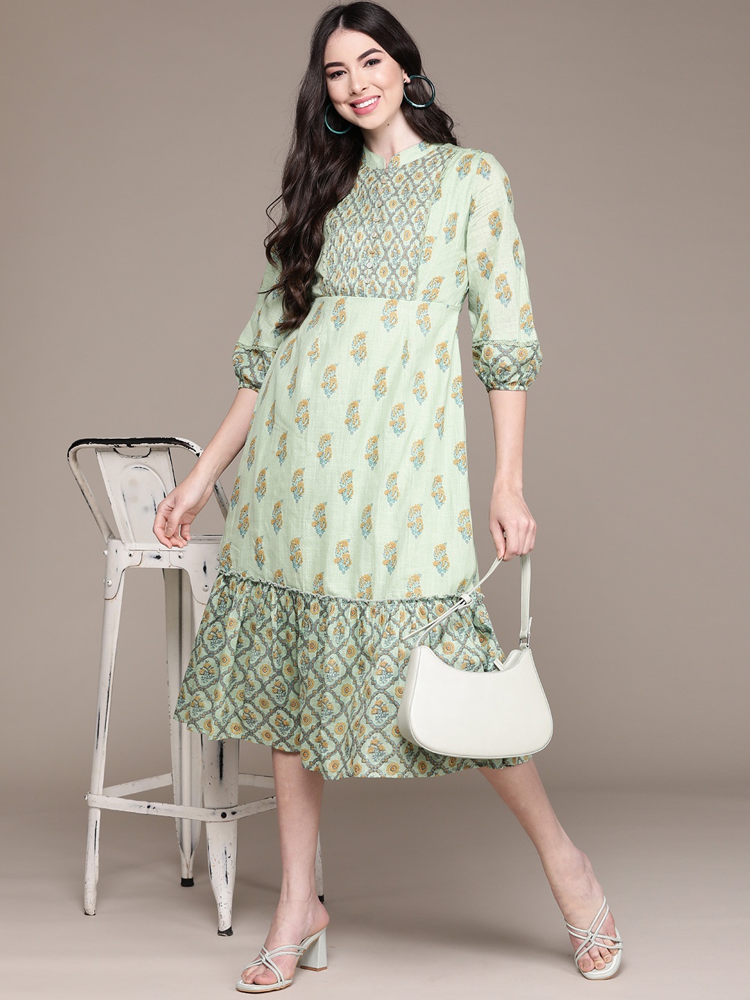 

aarke Ritu Kumar Women Green & Mustard Yellow Ethnic Motifs Printed A-Line Midi Dress