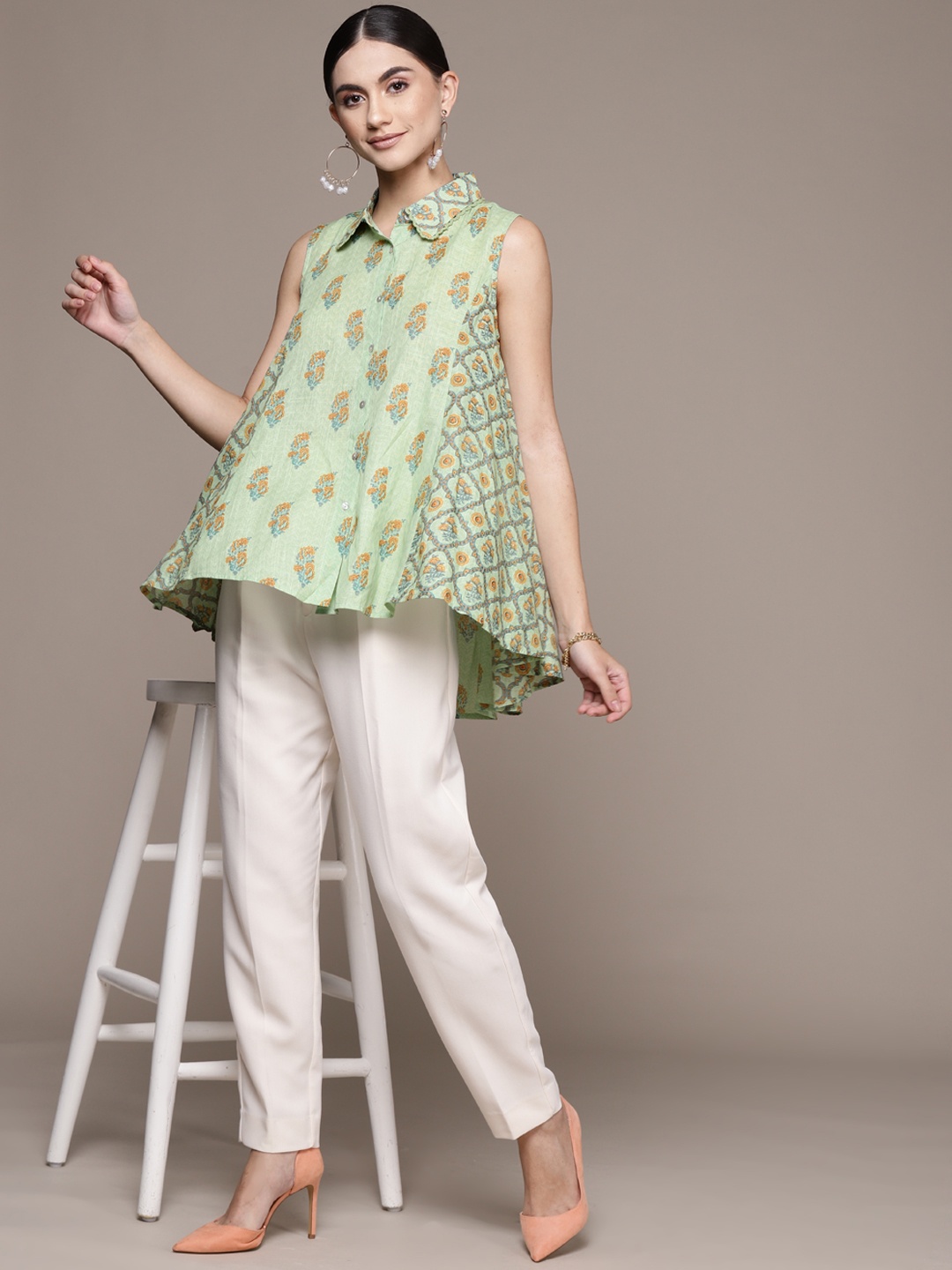 

aarke Ritu Kumar Green Floral Print Shirt Style Top