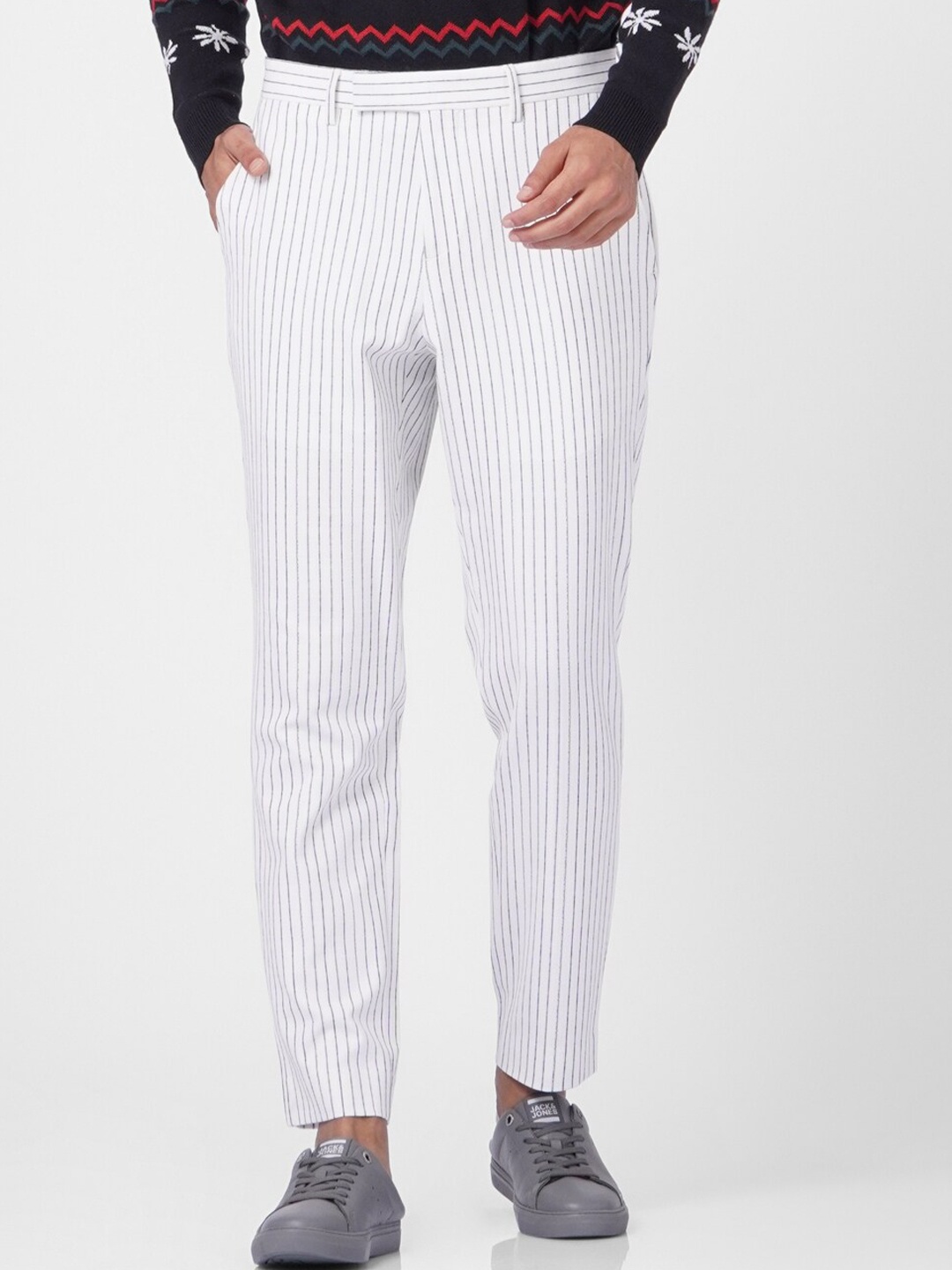 

Jack & Jones Men White & Grey Striped Trousers