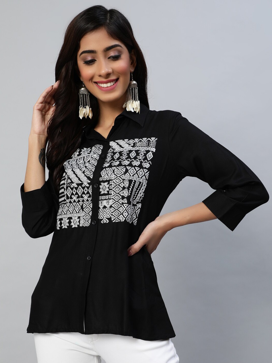 

Anubhutee Black & White Geometric Yoke Embroidered Shirt Collar Kurti