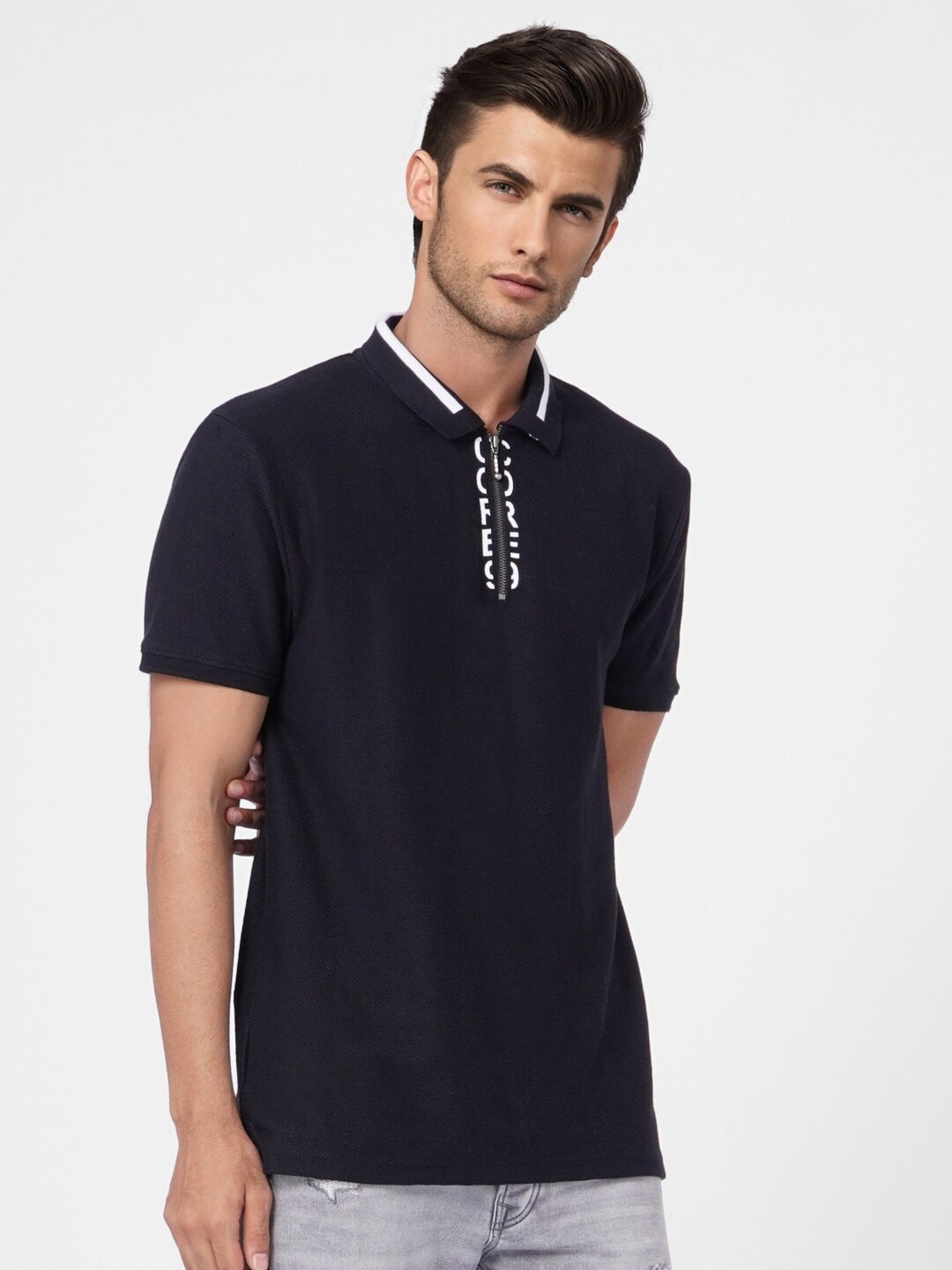 

Jack & Jones Men Black Polo Collar T-shirt