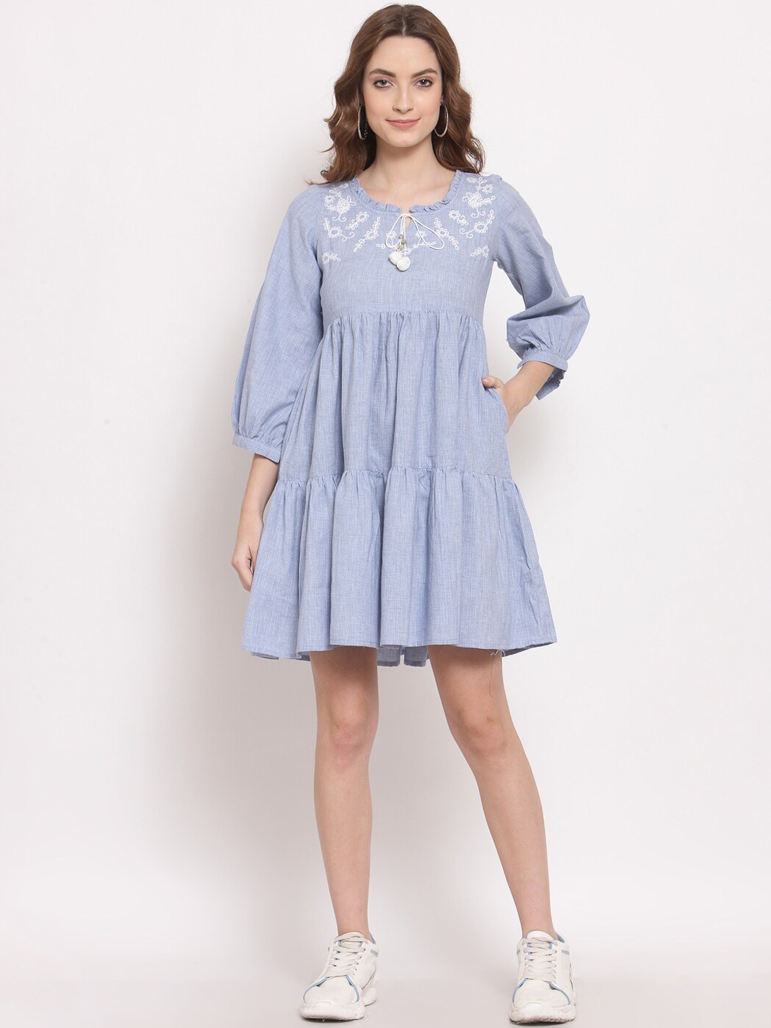 

TERQUOIS Blue Embroidered A-Line Dress