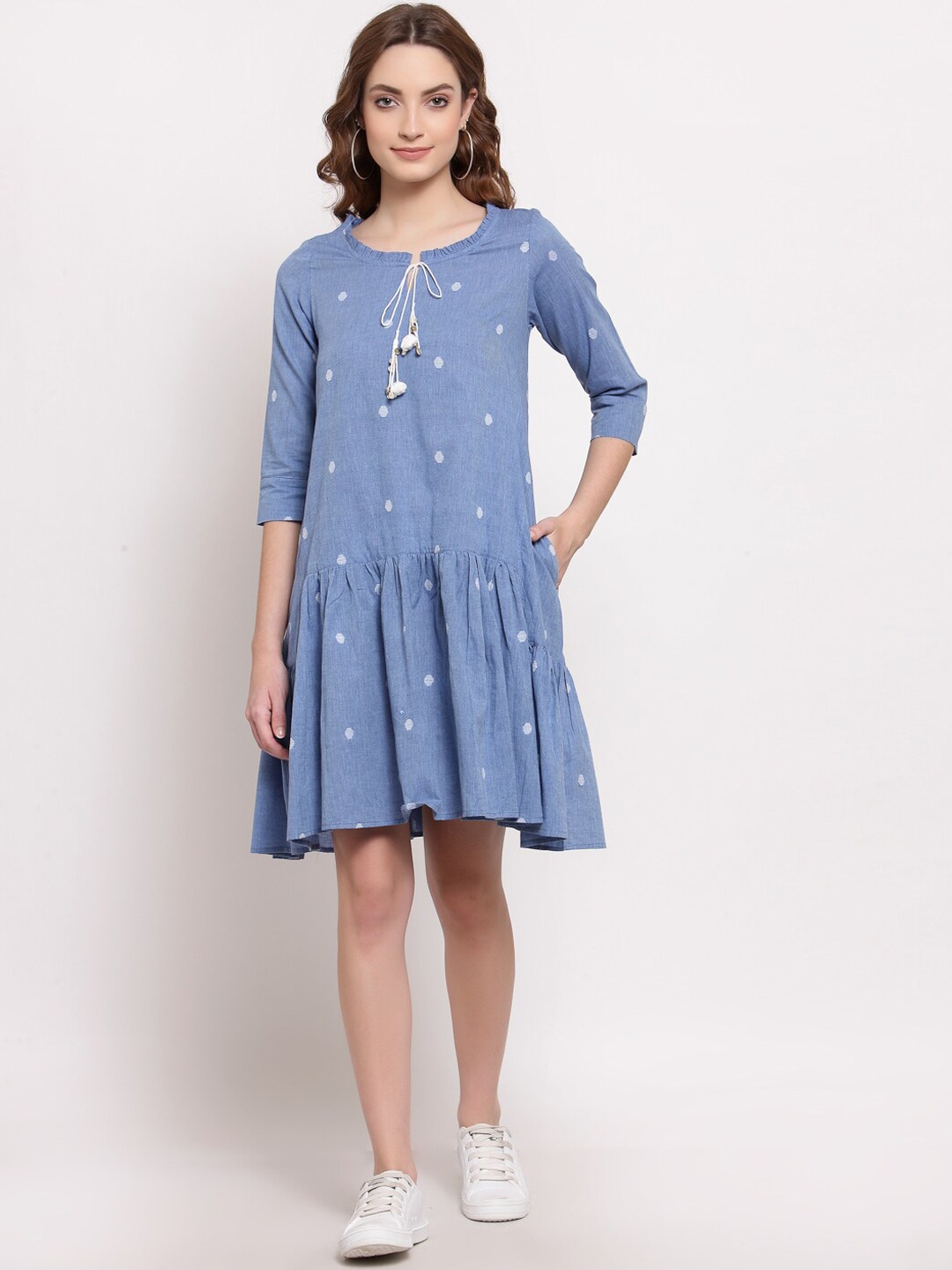 

TERQUOIS Navy Blue & White Drop-Waist Dress