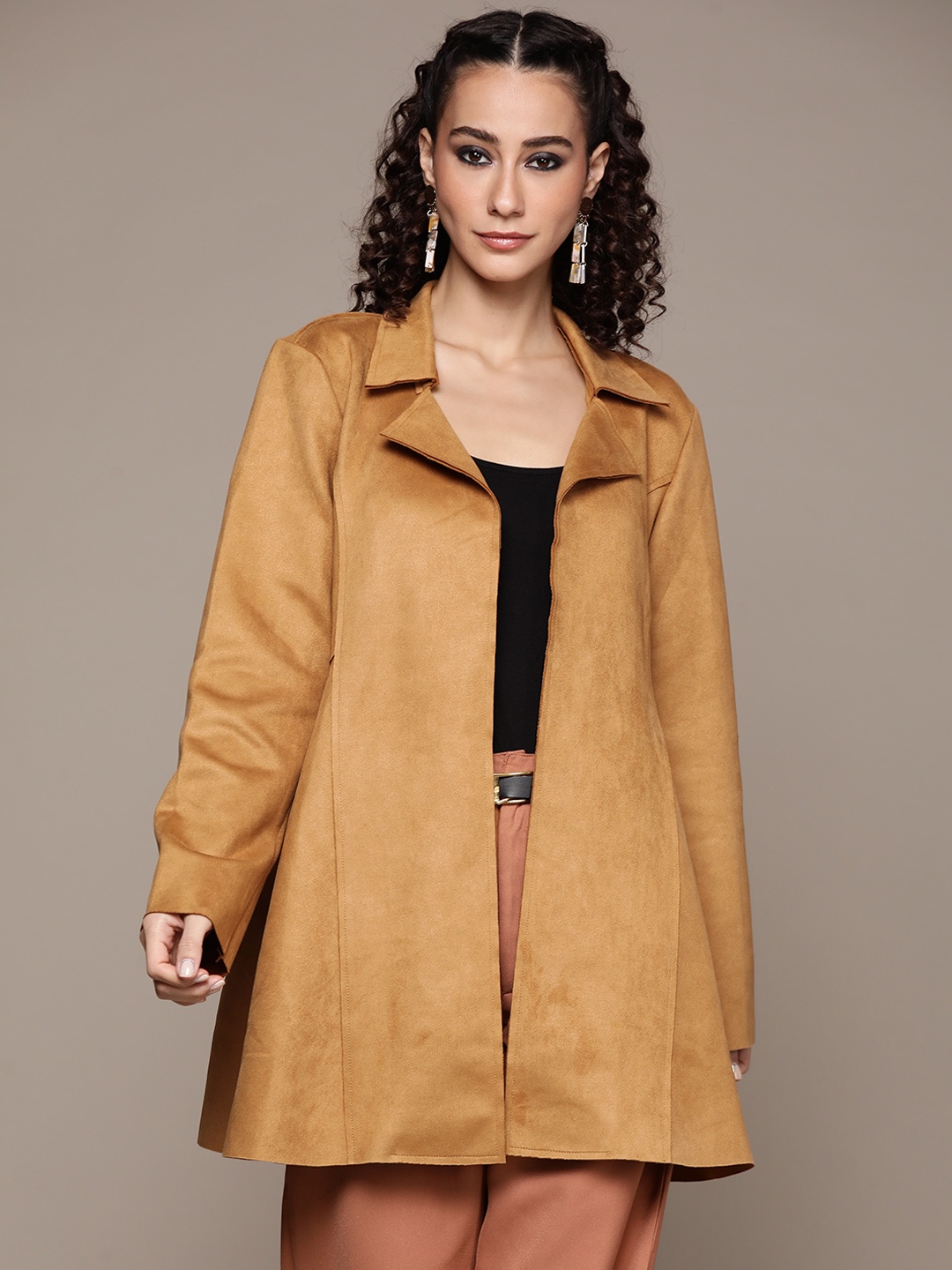 

aarke Ritu Kumar Women Brown Suede Longline Open-Front Jacket