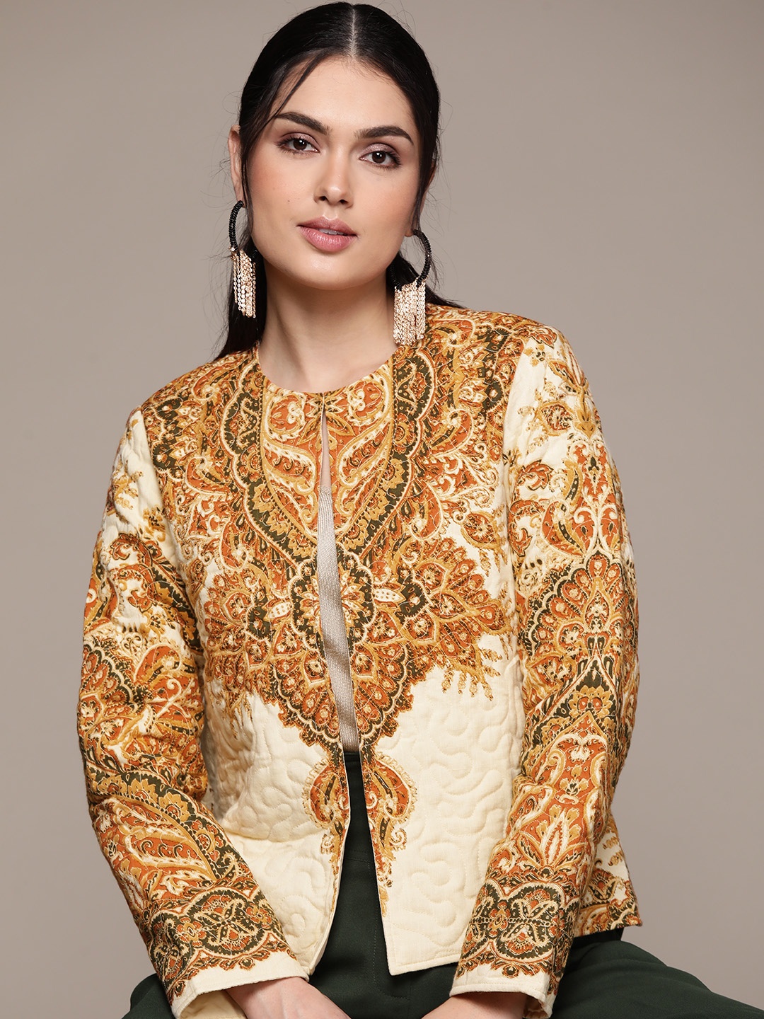 

aarke Ritu Kumar Women Cream-Coloured Orange Crop Open Front Jacket