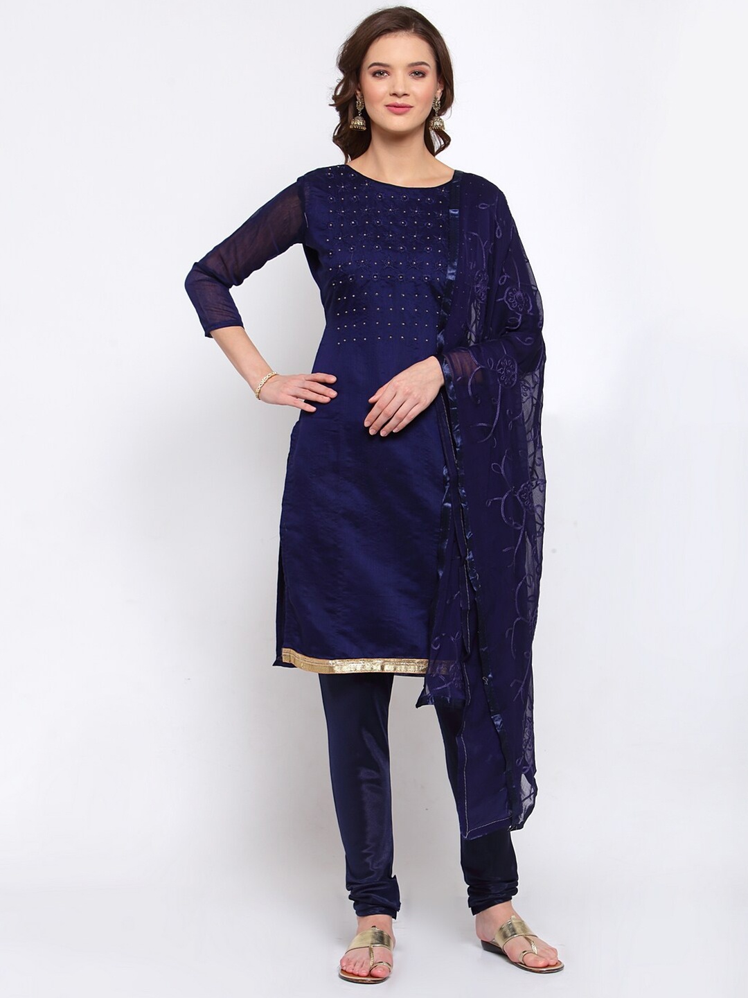 

SERONA FABRICS Blue & Gold-Toned Embroidered Unstitched Dress Material
