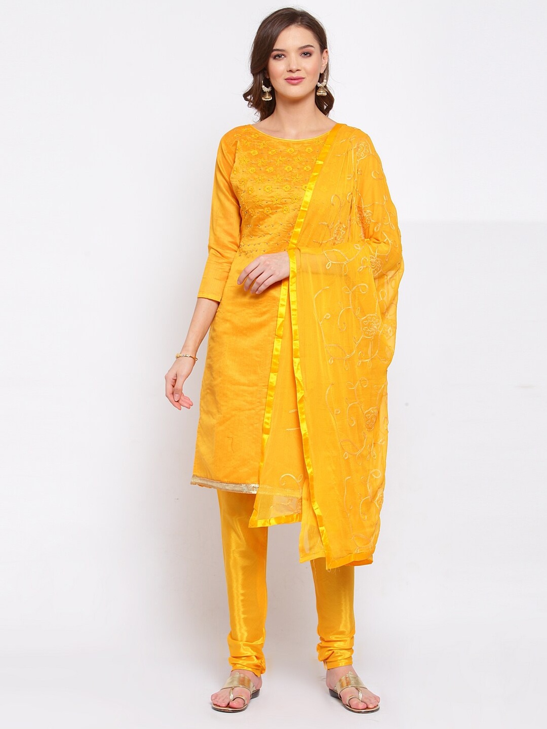 

SERONA FABRICS Yellow Embroidered Unstitched Dress Material