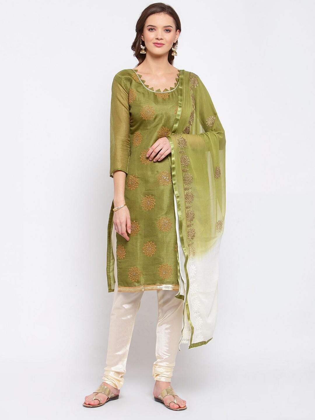 

SERONA FABRICS Green & White Embellished Unstitched Dress Material