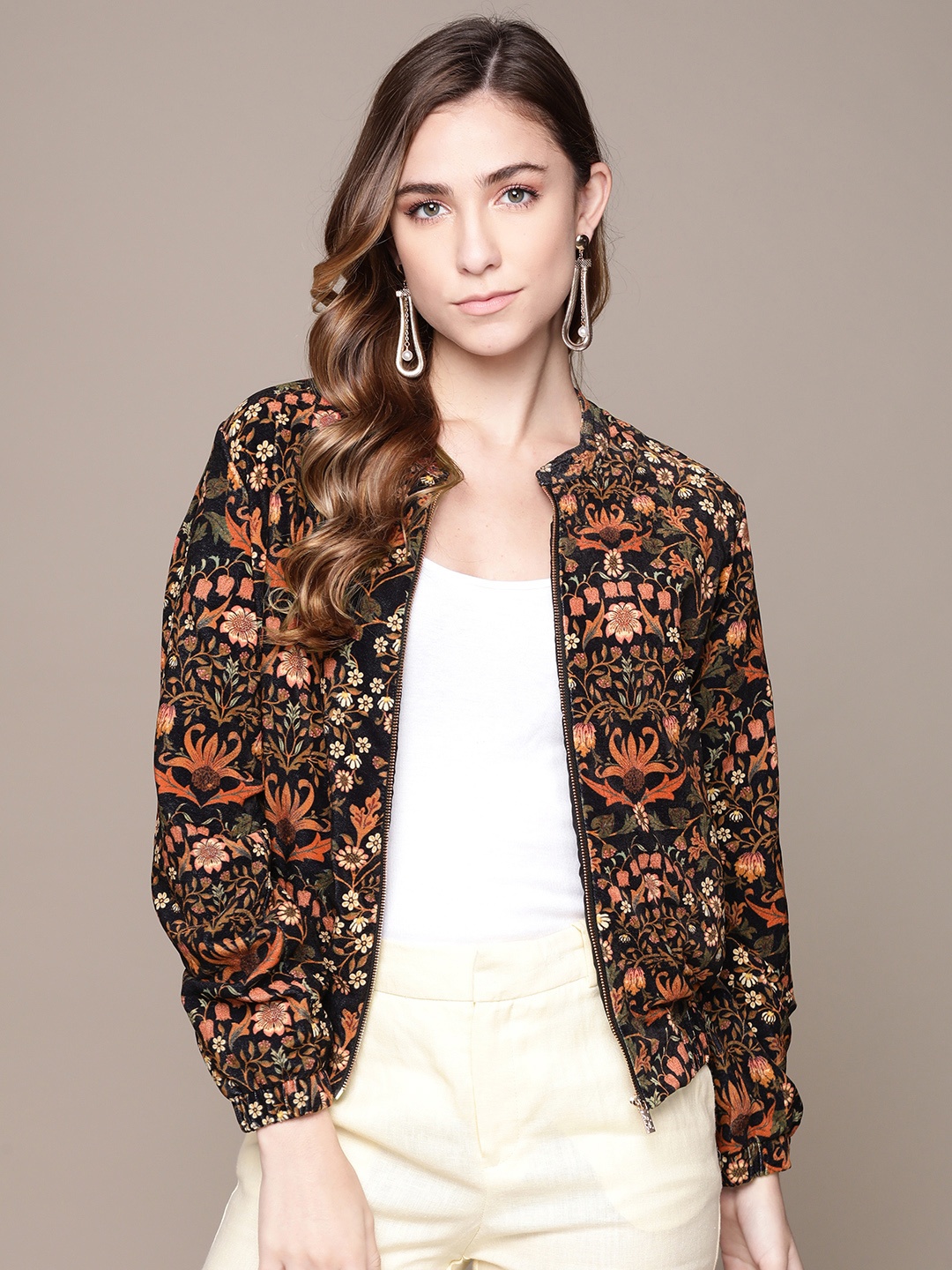 

Label Ritu Kumar Women Black Floral Crop Bomber Jacket