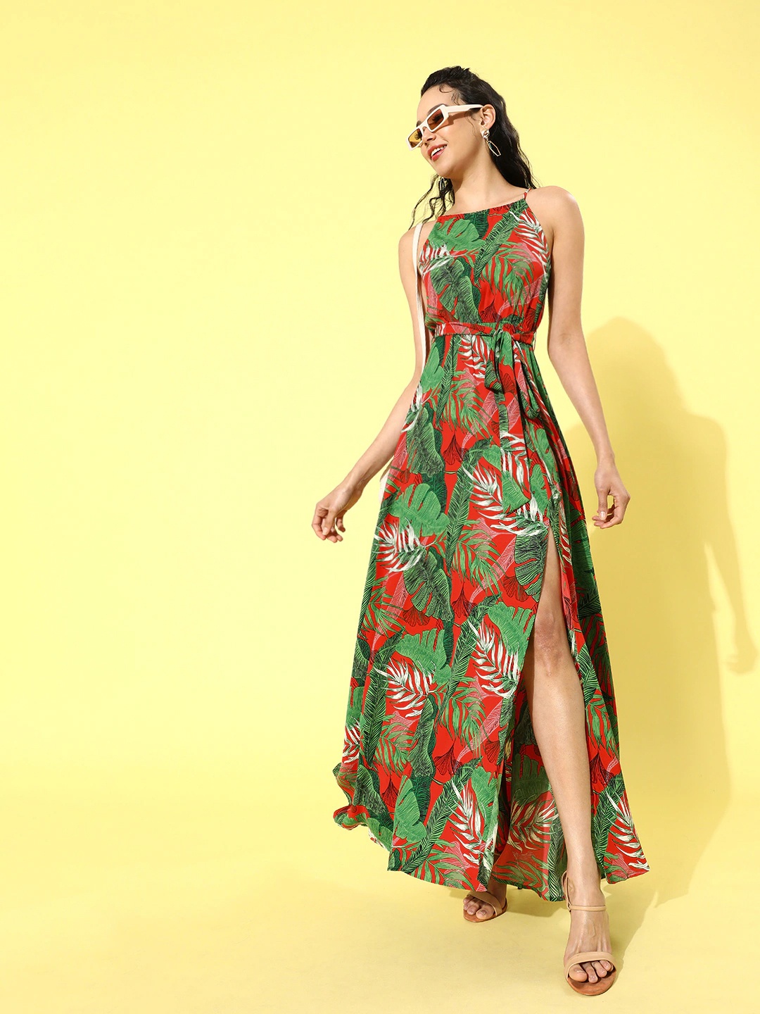 

Berrylush Women Green Tropical Cinched Waist Dress