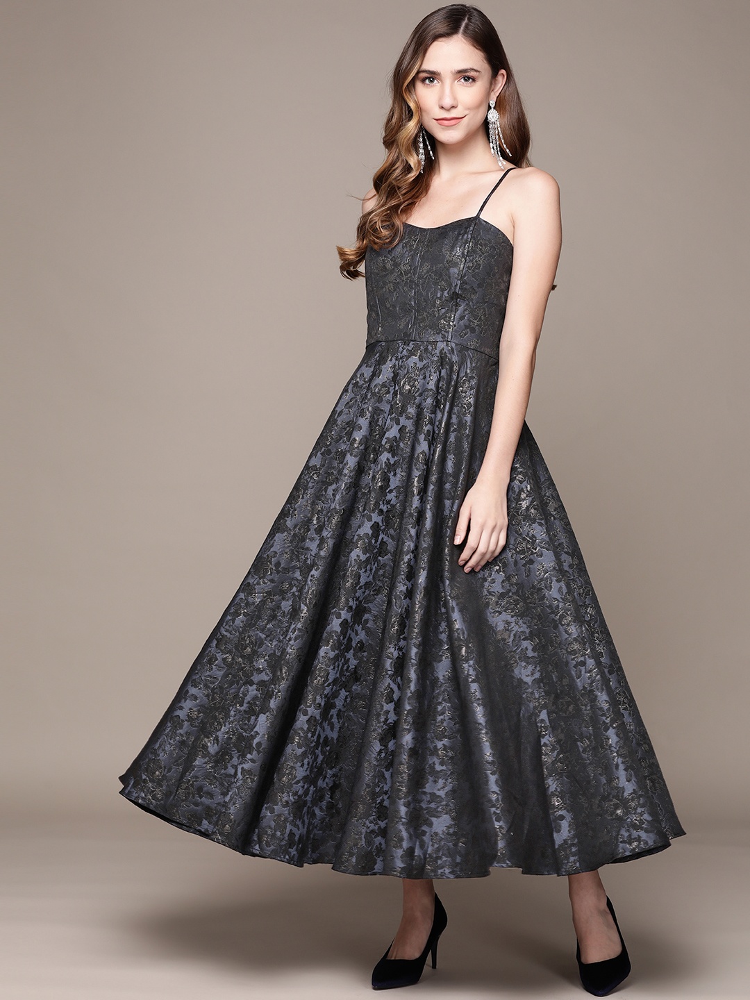 

Label Ritu Kumar Navy Blue Floral Jacquard Midi Dress
