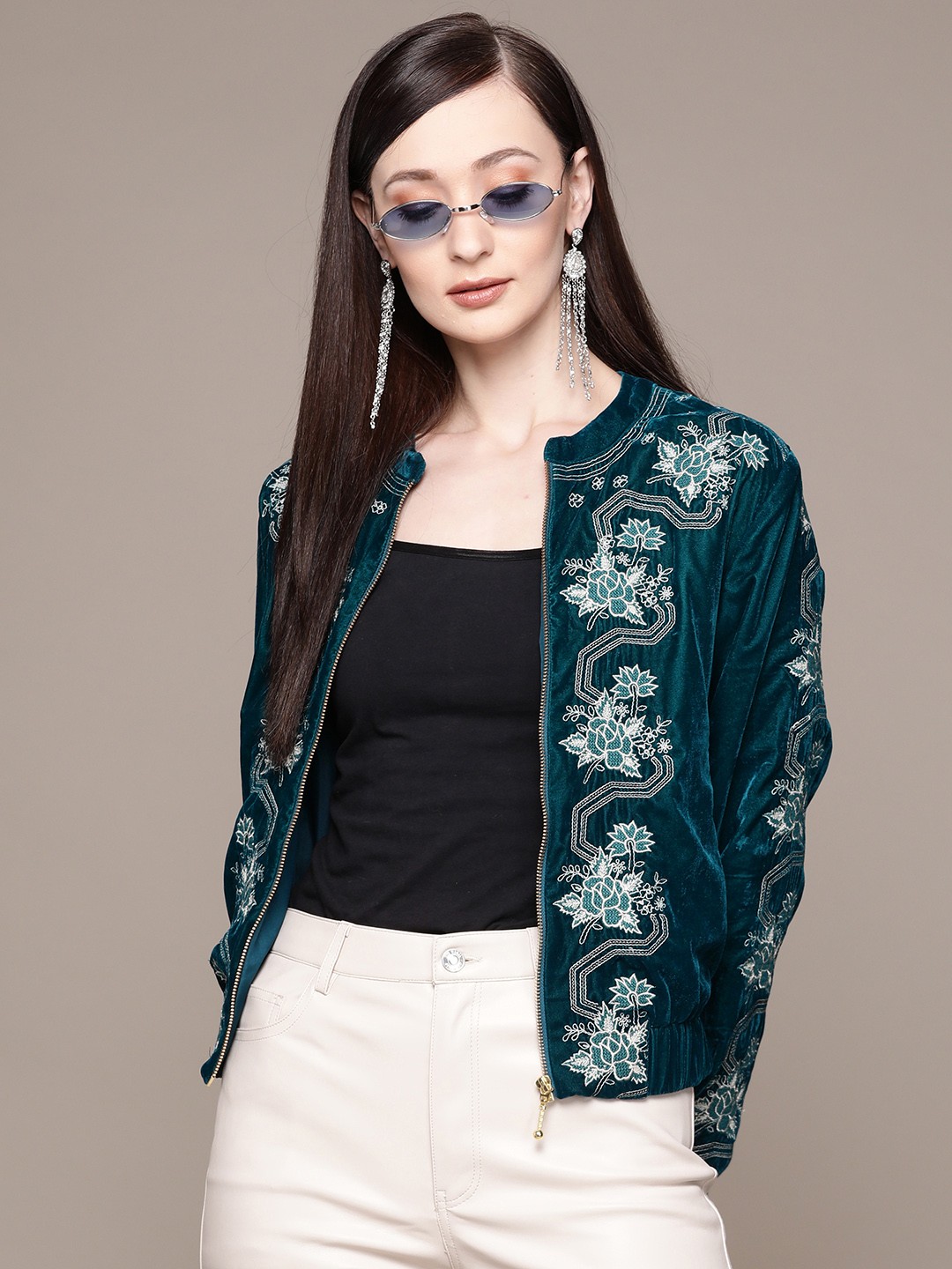 

Label Ritu Kumar Women Blue Floral Crop Bomber Jacket