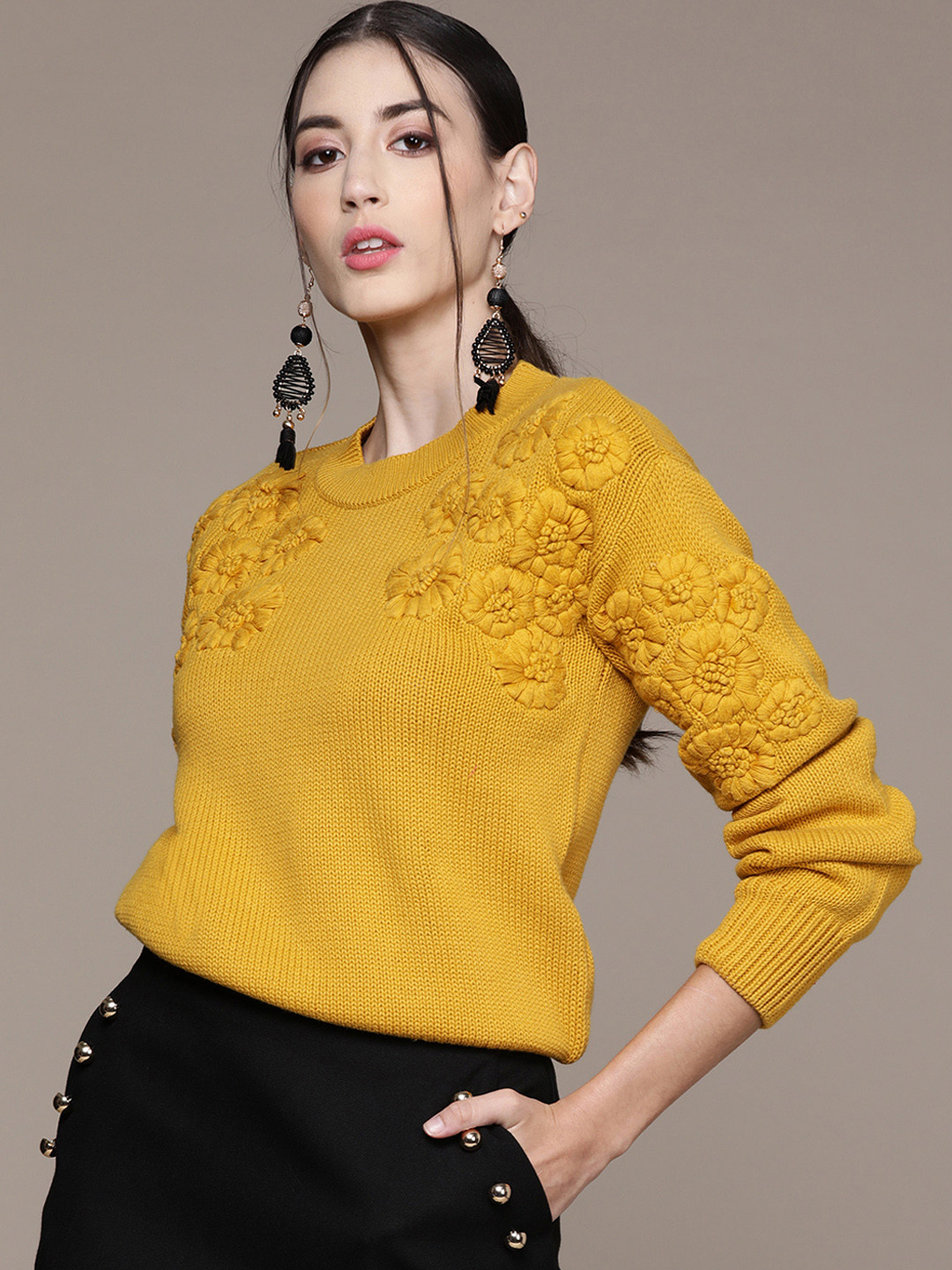 

Label Ritu Kumar Women Yellow Floral Pullover