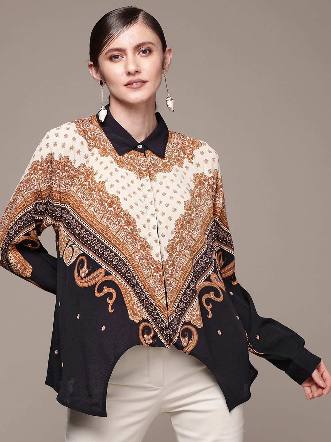 

Label Ritu Kumar Black & Beige Print Crepe Shirt Style Top