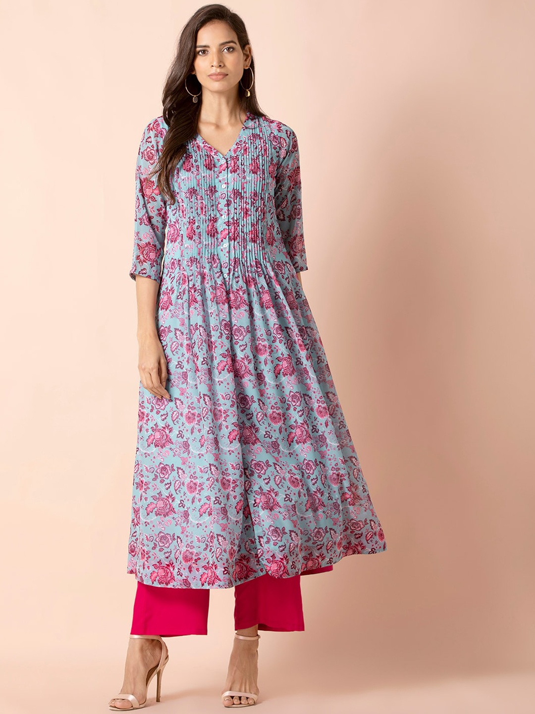 

INDYA Women Blue & Pink Floral Print Pin Tuck Kurta